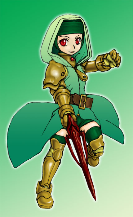 misairu oppai, meliadoul tengille, final fantasy, final fantasy tactics, 1girl, armor, female focus, full body, gradient background, hood, red eyes, robe, solo, sword, thighhighs, weapon, zettai ryouiki