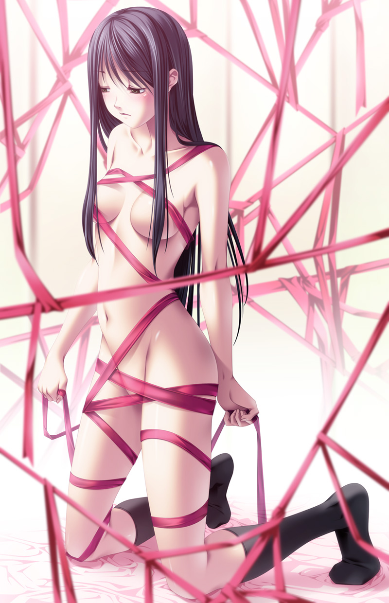 rezi, original, bad id, bad pixiv id, highres, 1girl, black hair, brown eyes, censored, convenient censoring, female focus, kneehighs, kneeling, legs, long hair, naked ribbon, nude, ribbon, socks, solo