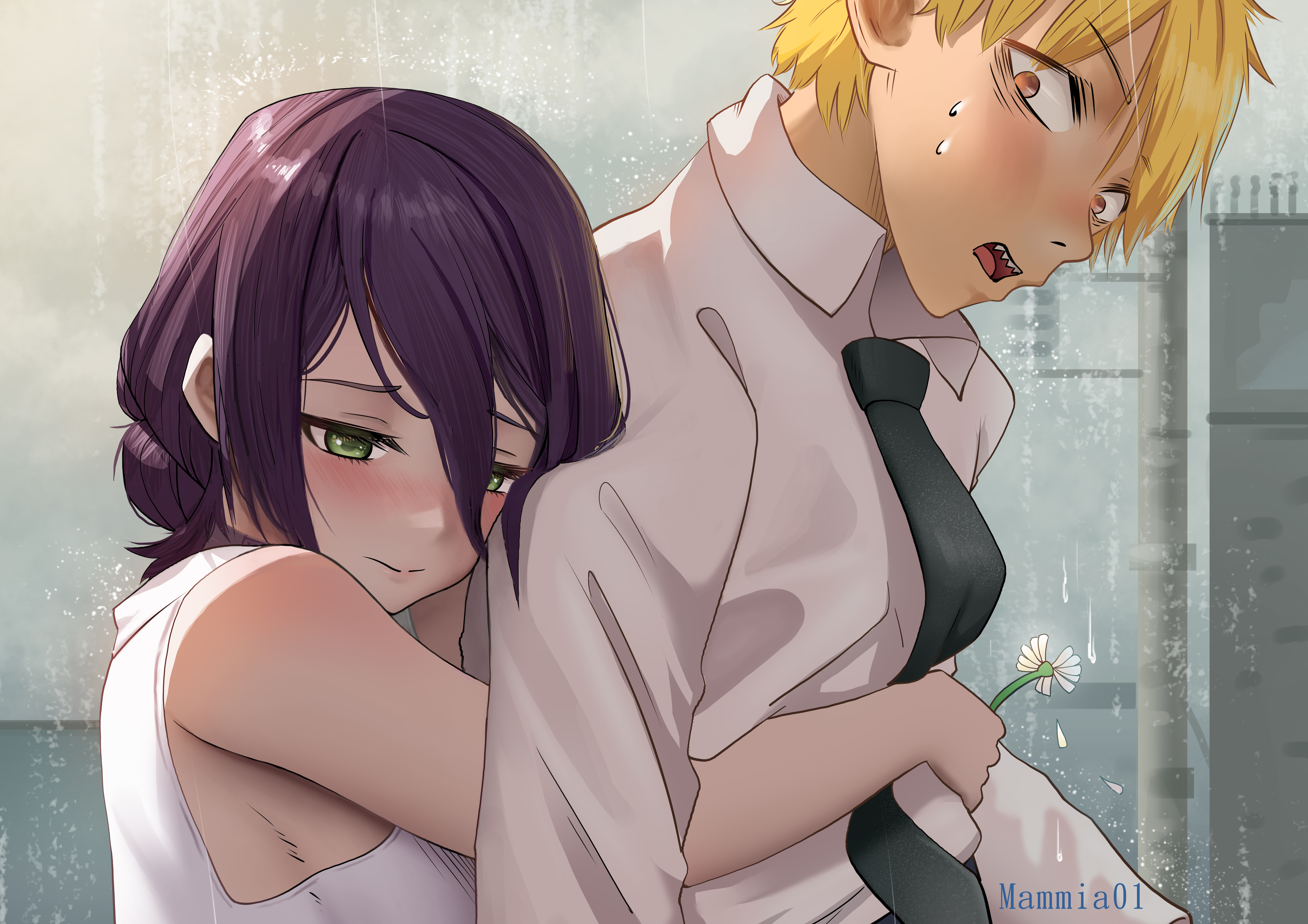 sengnam1997, denji (chainsaw man), reze (chainsaw man), chainsaw man, absurdres, highres, 1boy, 1girl, black necktie, blonde hair, blush, closed mouth, collared shirt, flower, green eyes, hair between eyes, holding, holding flower, hug, hug from behind, necktie, open mouth, orange eyes, purple hair, sharp teeth, shirt, short hair, sleeveless, sleeveless shirt, sweat, teeth, white flower, white shirt