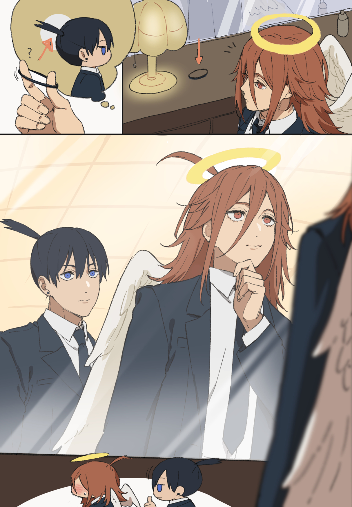 soul (tamashii), angel devil (chainsaw man), hayakawa aki, chainsaw man, highres, 2boys, angel, angel wings, black jacket, black necktie, black suit, business suit, feathered wings, formal clothes, glowing, glowing halo, halo, jacket, multiple boys, necktie, shirt tucked in, suit, suit jacket, traditional halo, white wings, wings