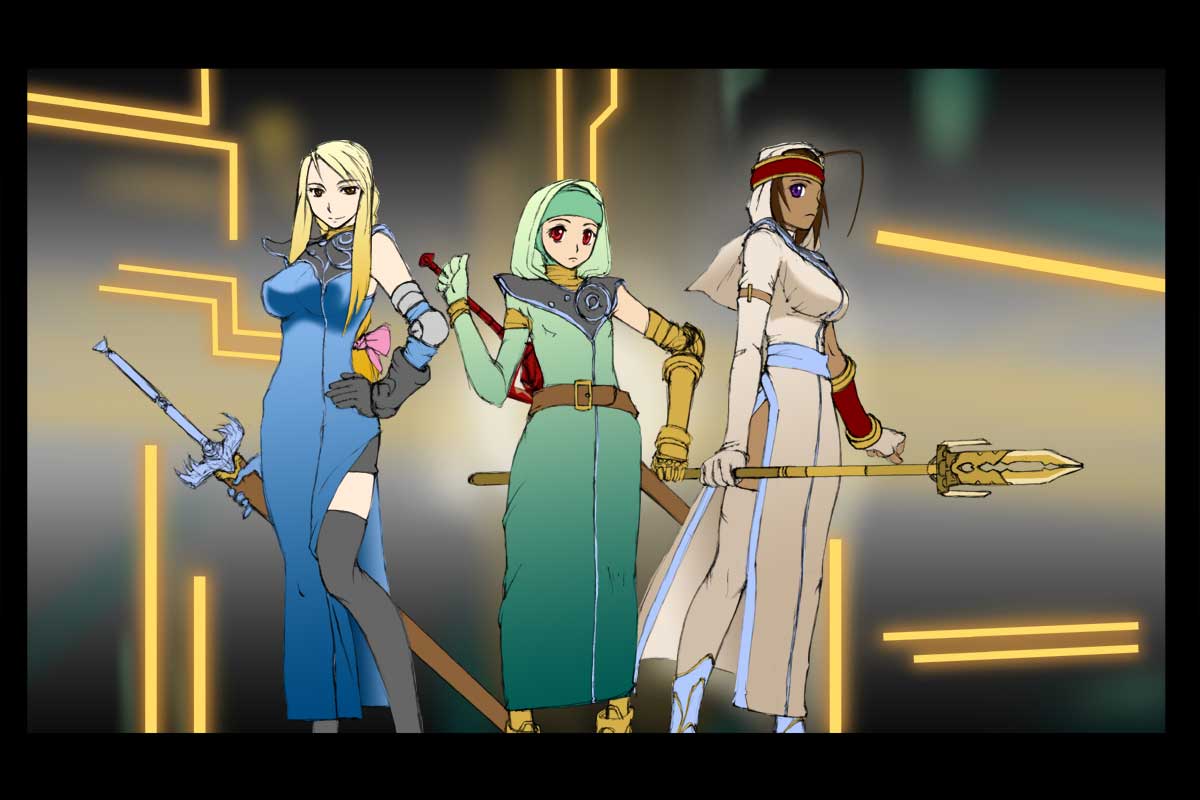 misairu oppai, agrias oaks, meliadoul tengille, rapha galthena, final fantasy, final fantasy tactics, blonde hair, brown hair, dark-skinned female, dark skin, dress, headband, long hair, purple eyes, red eyes, ribbon, robe, short hair, staff, sword, weapon