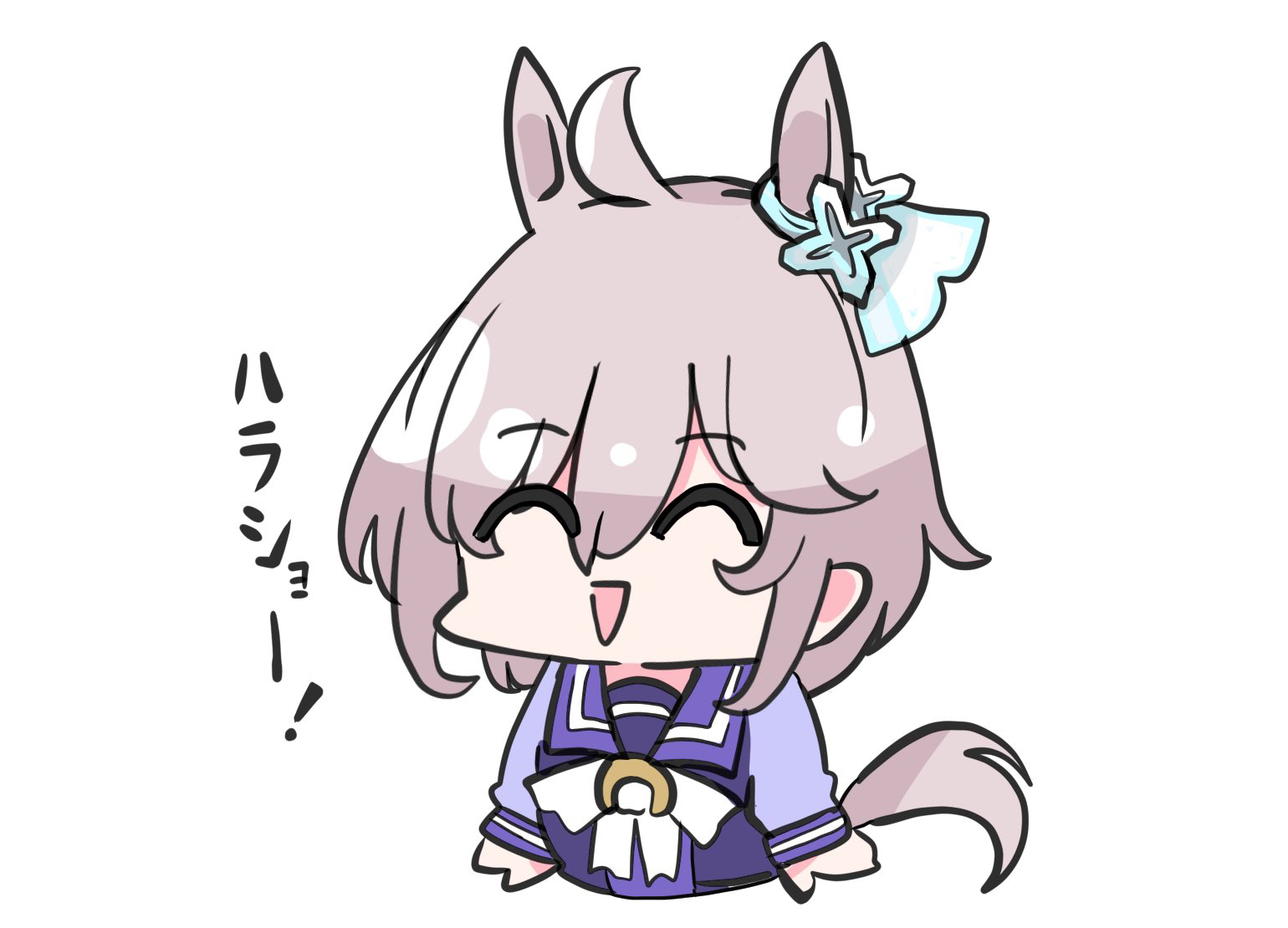 kawamochi (tddm3573), agnes tachyon (umamusume), anastasia (idolmaster), uesaka sumire, idolmaster, idolmaster cinderella girls, idolmaster cinderella girls starlight stage, umamusume, translation request, 1girl, :>, ^ ^, ahoge, animal ears, bow, brown hair, chibi, closed eyes, cropped torso, facing viewer, hair between eyes, horse ears, horse girl, horse tail, long sleeves, puffy long sleeves, puffy sleeves, purple shirt, school uniform, shirt, simple background, smile, solo, tail, tracen school uniform, triangle mouth, upper body, white background, white bow