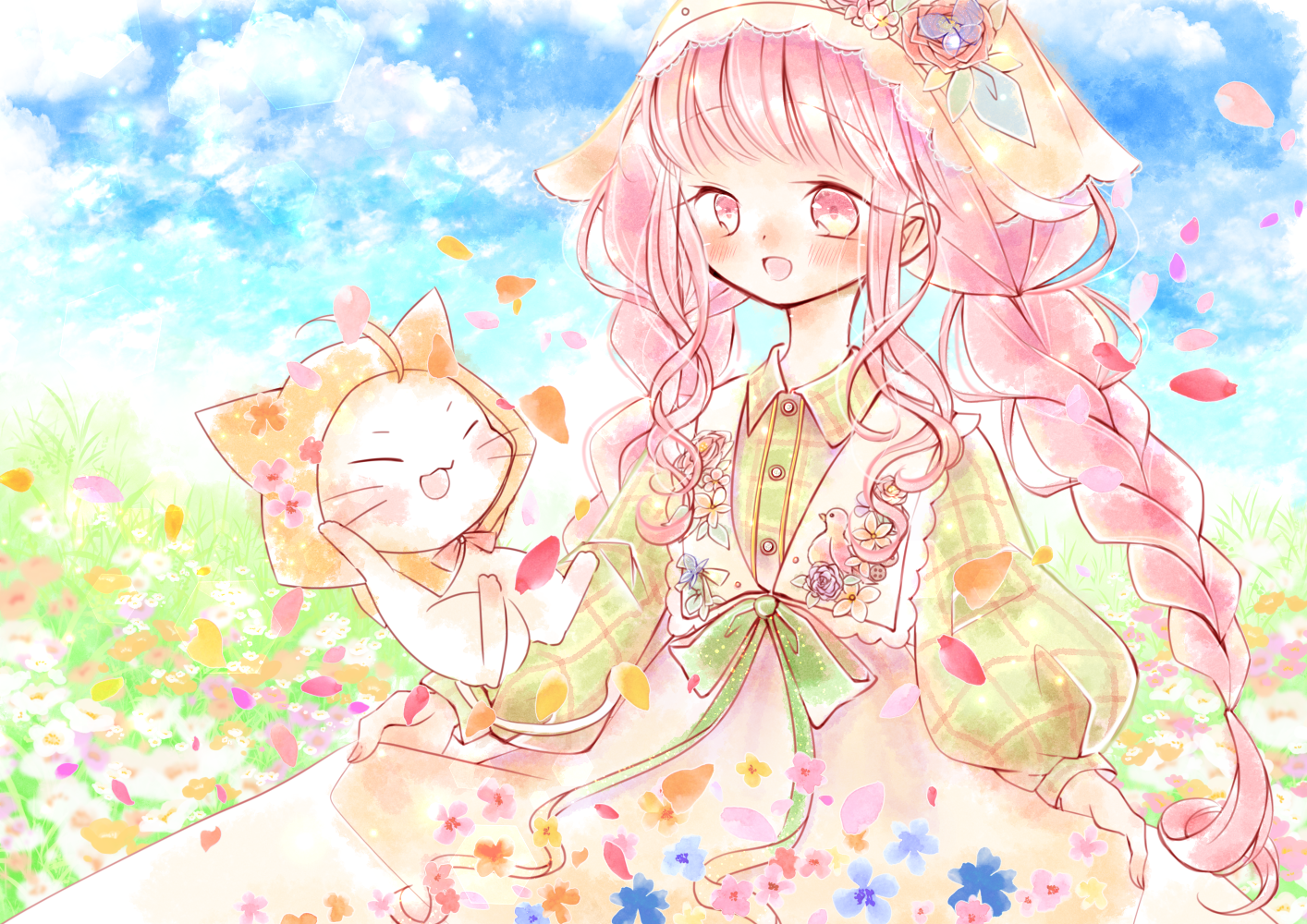 sakuragi rin, momo (nikki), nikki (nikki), nikki (series), shining nikki, commentary request, 1girl, ^ ^, ahoge, animal, animal print, apron, apron hold, bird print, blue sky, blunt bangs, bow, bowtie, braid, butterfly hat ornament, cat, cloak, closed eyes, clothed animal, cloud, country lolita, cowboy shot, day, dot nose, dress, ear covers, eyelashes, field, floral print, flower, flower field, green bow, green dress, green pastoral (shining nikki), hat, hat flower, hat ornament, headscarf, hood, hood up, hooded cloak, jumping, lace-trimmed apron, lace trim, leaf, light blush, light particles, lolita fashion, long hair, long sleeves, looking at animal, low twin braids, open mouth, outdoors, petals, pink eyes, pink hair, plaid clothes, plaid dress, print apron, puffy long sleeves, puffy sleeves, red bow, red bowtie, red flower, red rose, rose, sidelocks, sitting, skirt basket, sky, smile, solo, traditional bowtie, twin braids, very long hair, waist bow, wavy hair, whiskers, white apron, white cat, white flower, white headscarf, yellow cloak