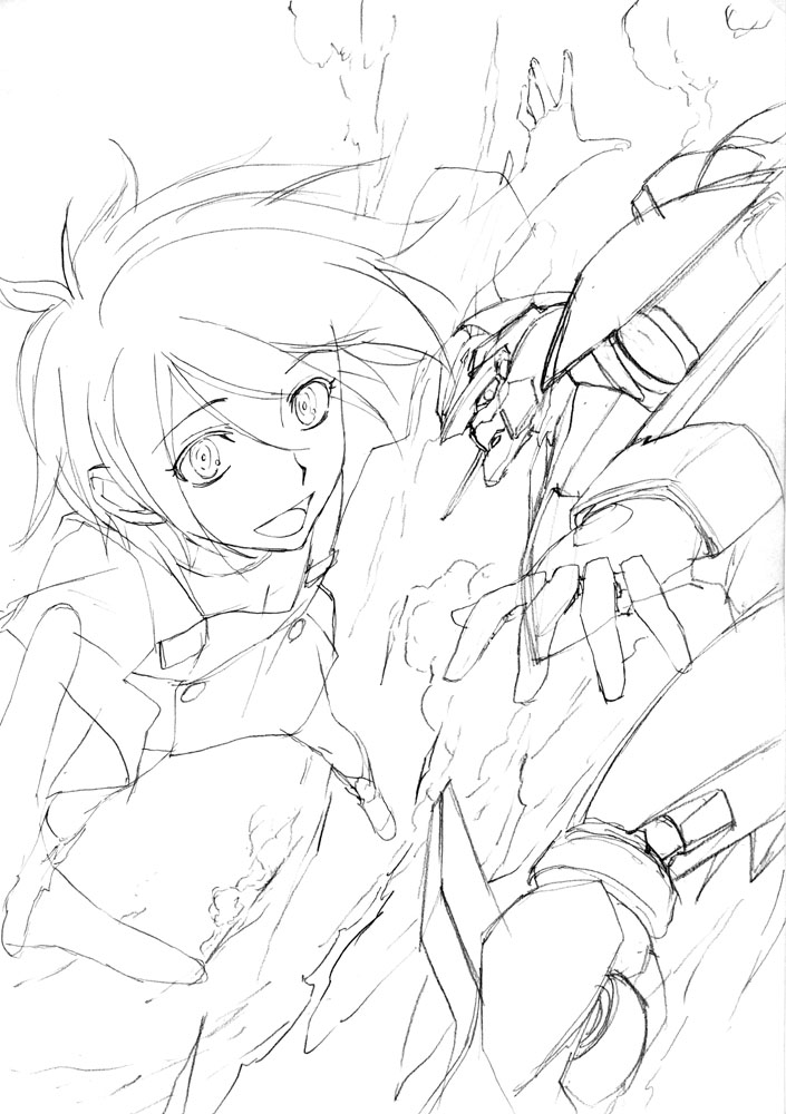 okiyumi kase, eureka (eureka seven), nirvash, eureka seven, eureka seven (series), 00s, 1girl, female focus, greyscale, midair, monochrome, outdoors, sketch, solo