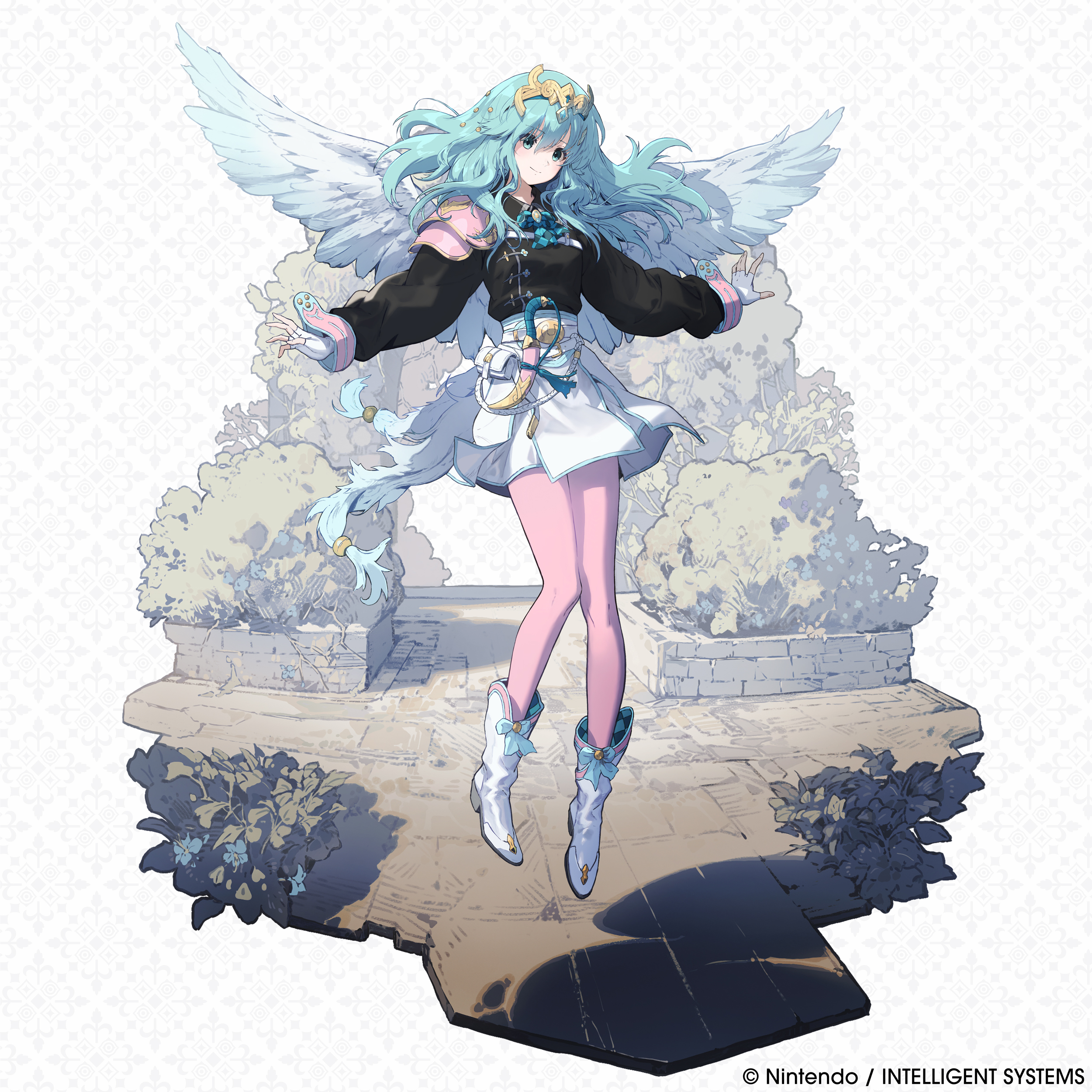 rose (fire emblem), fire emblem, fire emblem shadows, nintendo, absurdres, commentary, english commentary, highres, official art, 1girl, aqua eyes, aqua hair, breasts, feathered wings, full body, jewelry, leggings, long hair, pink leggings, puffy sleeves, short hair, solo, tiara, white wings, wings