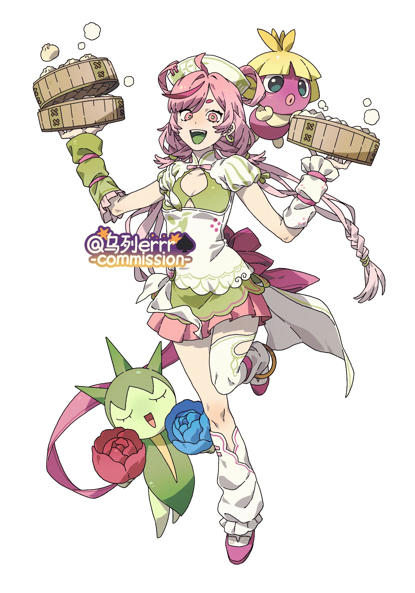 wulie errr, roselia (pokemon), smoochum, nintendo, pokemon, highres, 2girls, :d, black eyes, blonde hair, blue flower, blue rose, bow, box, bra, braid, chinese clothes, closed eyes, colored skin, colored tongue, dumpling, earrings, flat chest, flower, food, full body, gen 2 pokemon, gen 3 pokemon, green bra, green pupils, green skin, green tongue, hat, holding, holding box, jewelry, leg warmers, looking at viewer, mismatched arm warmers, monster girl, multiple girls, no feet, open mouth, pink bow, pink eyes, pink hair, pink shoes, pink skirt, plant girl, pokemon (creature), red flower, red rose, rose, shirt, shoes, simple background, skirt, smile, standing, twin braids, underwear, white hat, white leg warmers, white shirt