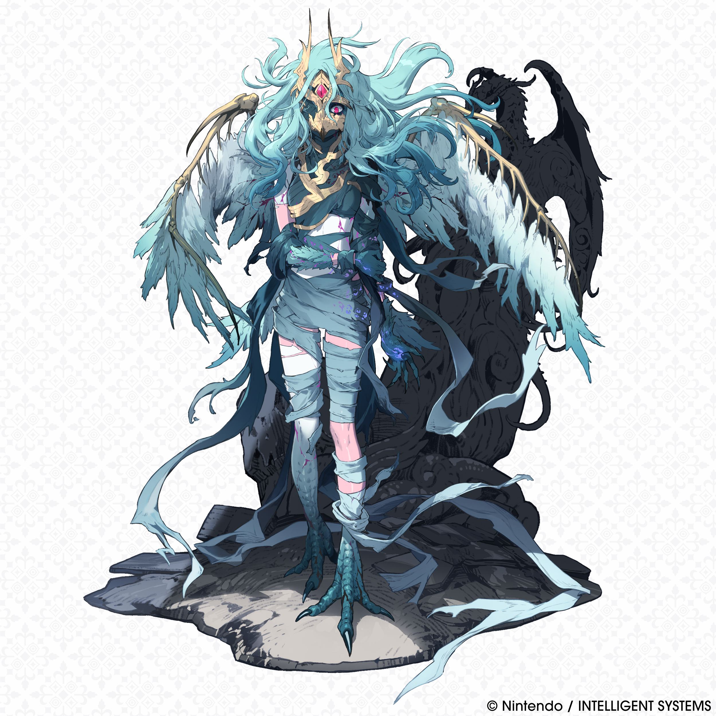 rose (fire emblem), fire emblem, fire emblem shadows, nintendo, absurdres, commentary, english commentary, highres, official art, 1girl, alternate form, aqua hair, bird legs, breasts, corruption, dark persona, exposed bone, feathered wings, full body, half-harpy, jewelry, leggings, long hair, monster girl, pink leggings, puffy sleeves, red eyes, short hair, solo, talons, tiara, wings