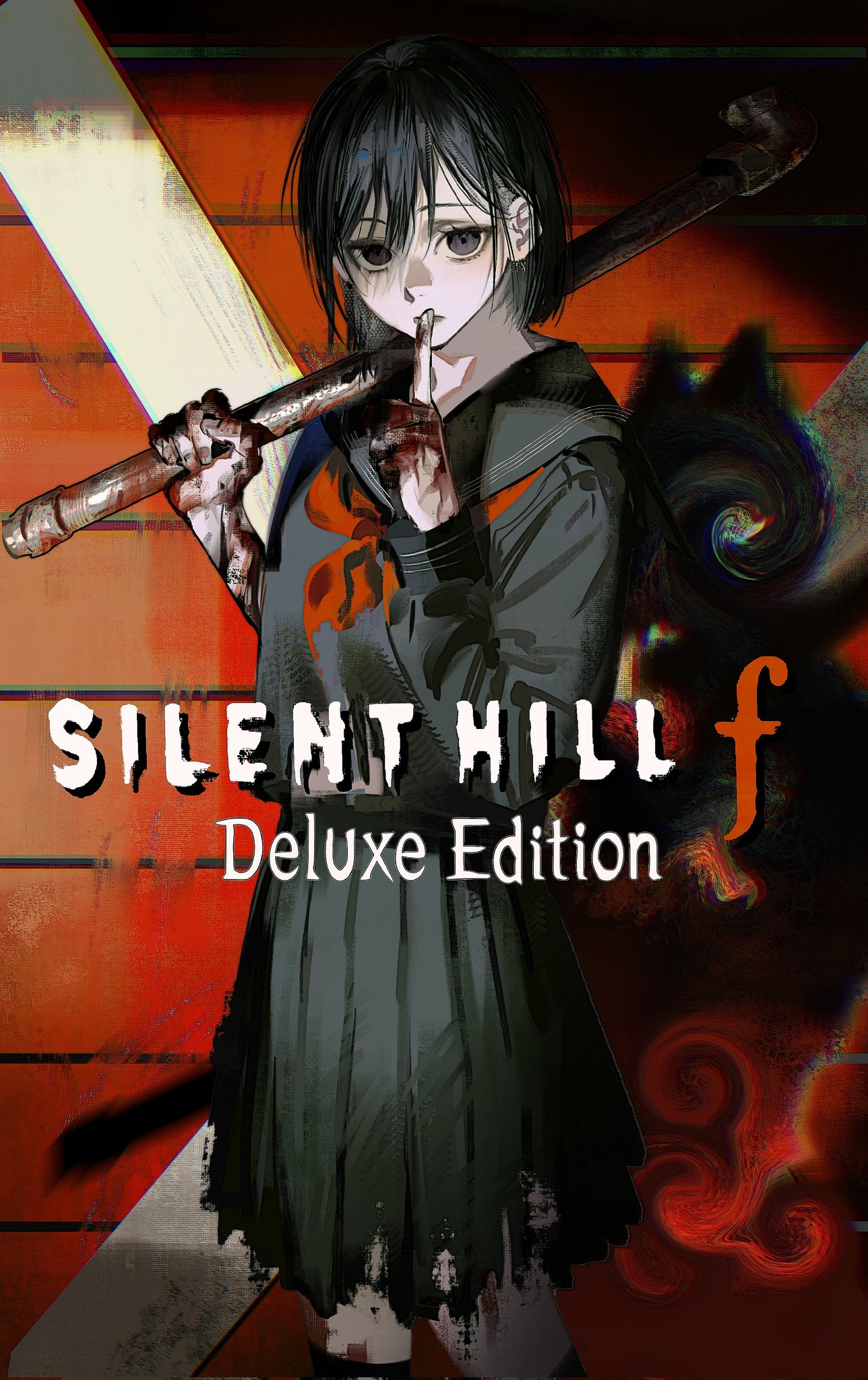 shimizu hinako, silent hill (series), silent hill f, highres, 1girl, avandee11949, black hair, black sailor collar, black serafuku, holding, holding lead pipe, lead pipe, mask, neckerchief, red neckerchief, sailor collar, school uniform, serafuku, torn sleeve