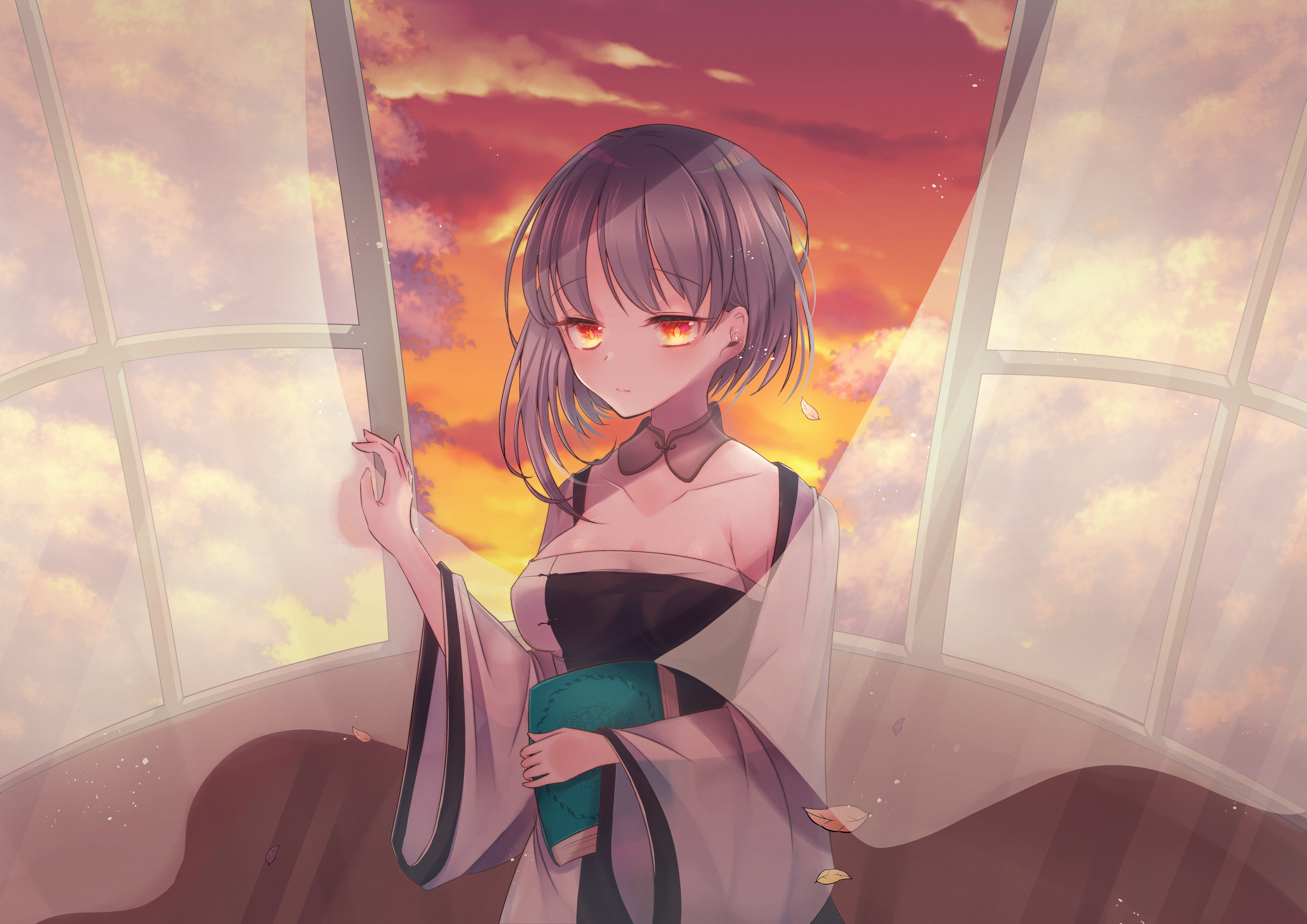 nikki (series), shining nikki, absurdres, commentary request, highres, 1girl, autumn leaves, black dress, book, breasts, bright pupils, cleavage, closed mouth, cloud, collar, collarbone, cowboy shot, curtains, detached collar, dot nose, dress, expressionless, eyelashes, gradient eyes, grey collar, grey hair, holding, holding book, indoors, jacket, jitome, leaf, light blush, light frown, light particles, lips, long sleeves, medium breasts, multicolored eyes, open clothes, open jacket, orange eyes, orange skirt, raru ka (310lalka), see-through clothes, see-through sleeves, short hair with long locks, single sidelock, skirt, solo, standing, strapless, strapless dress, sunset, two-tone dress, white dress, white jacket, white pupils, wide sleeves, wind, window, yellow eyes, yexiao (shining nikki)