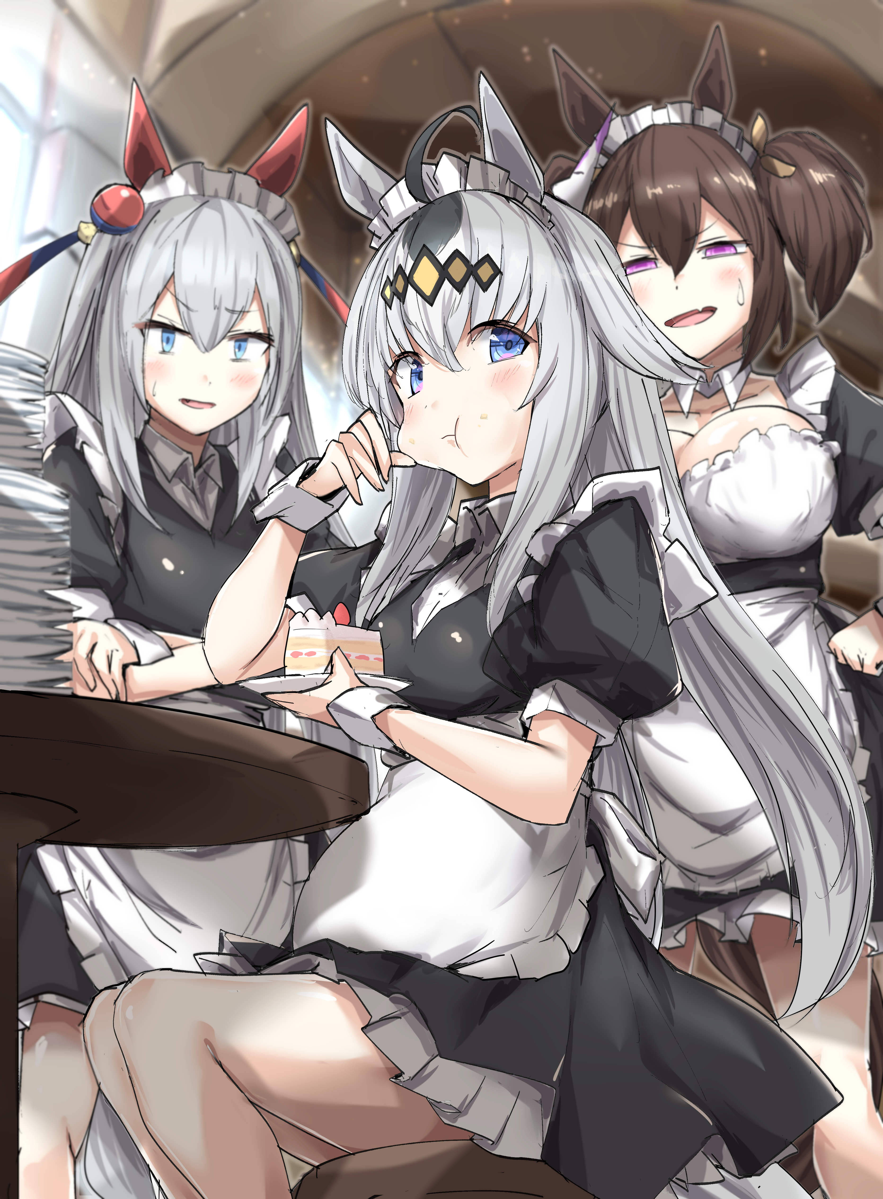 nagisa (imizogami), inari one (umamusume), oguri cap (umamusume), tamamo cross (umamusume), umamusume, umamusume: cinderella gray, absurdres, commentary request, highres, 3girls, ahoge, alternate costume, animal ears, apron, belly, big belly, black dress, blue eyes, blush, breasts, brown hair, cake, chair, cheek bulge, closed mouth, crumbs, dress, ear covers, ear ornament, eating, empty plate, food, food on face, fox mask, glutton, grey hair, grey tail, hair between eyes, hair ornament, hairband, holding, holding plate, horse ears, horse girl, horse tail, indoors, large breasts, long hair, maid, maid apron, maid headdress, mask, mask on head, multicolored hair, multiple girls, on chair, open mouth, plate, plate stack, puffy short sleeves, puffy sleeves, purple eyes, short sleeves, sitting, squinting, sweatdrop, table, tail, twintails, very long hair, white apron, white headdress, white wrist cuffs, wrist cuffs