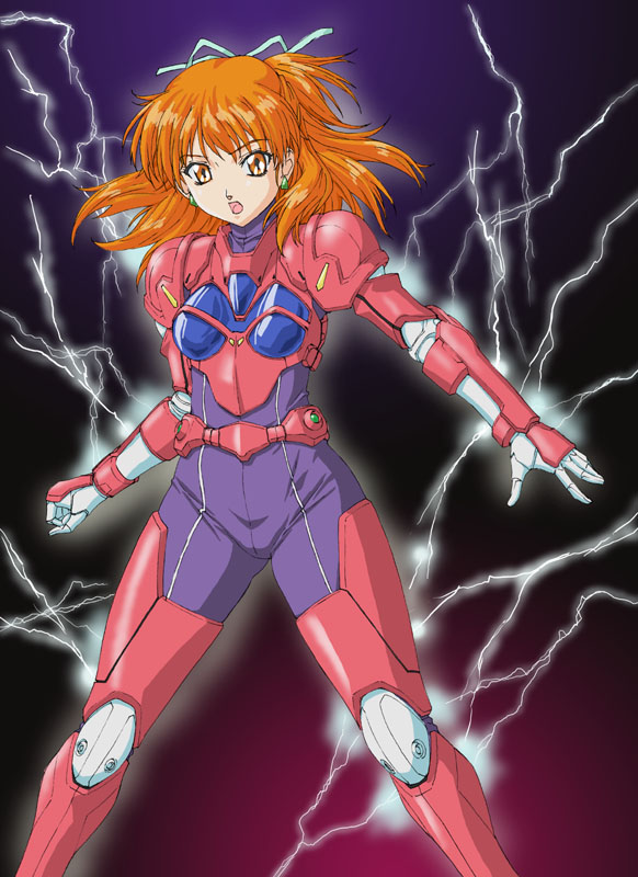 okiyumi kase, anice farm, chouon senshi borgman, 1girl, armor, bodysuit, bow, brown eyes, brown hair, electricity, female focus, hair bow, half updo, lightning, matching hair/eyes, orange eyes, orange hair, power armor, solo