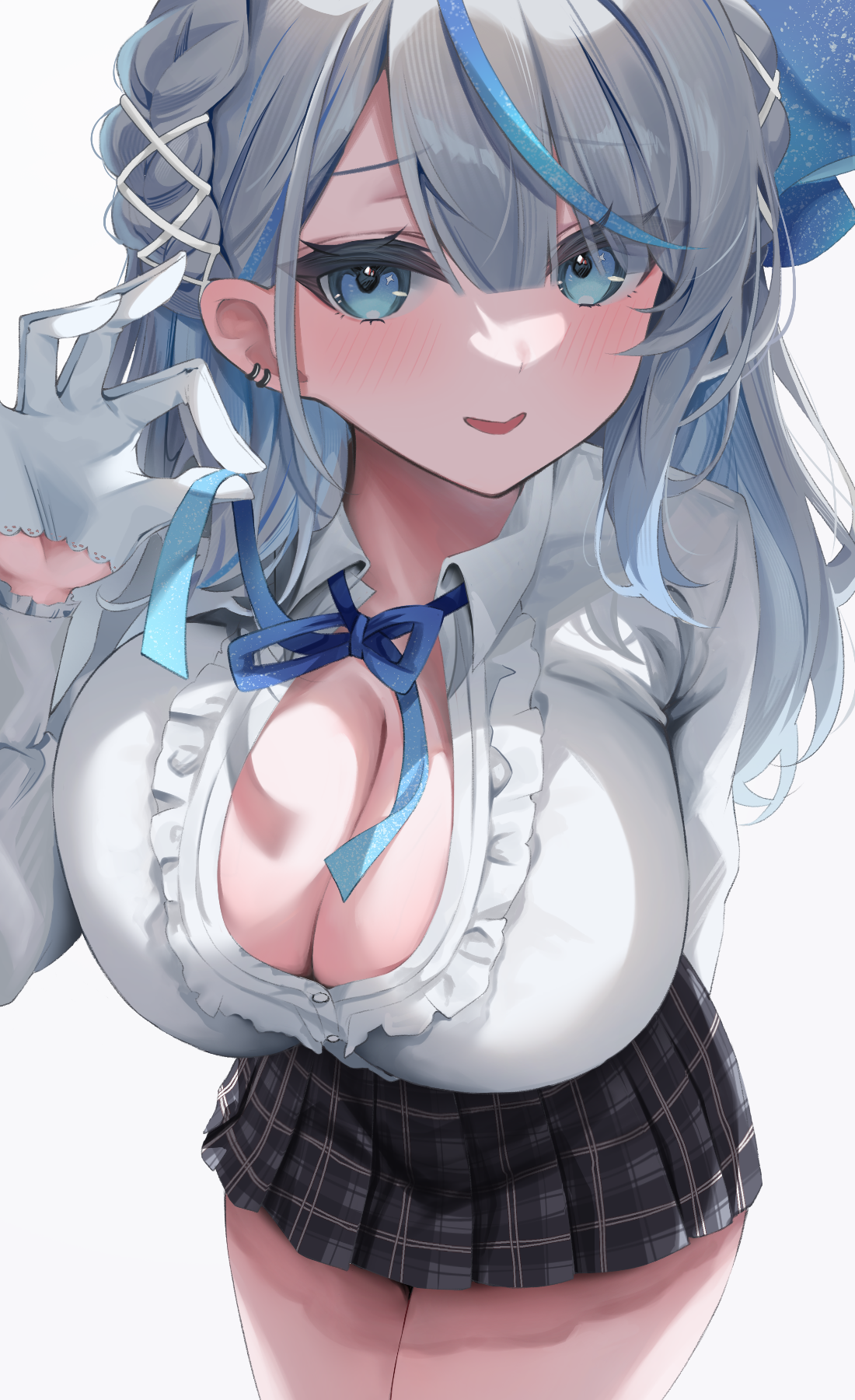 amagai ruka, weather planet, highres, arm behind back, black skirt, blue eyes, blue hair, blue ribbon, blue streaks, breasts, center frills, cleavage, frills, gloves, grey hair, half gloves, hand up, large breasts, long hair, looking at viewer, multicolored hair, open clothes, open shirt, parted lips, ribbon, simple background, skirt, smile, solo, standing, streaked hair, uyu22mar, virtual youtuber, white background, white gloves