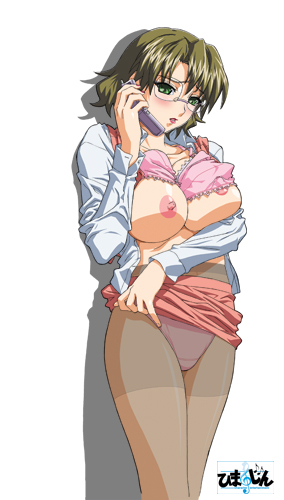 okiyumi kase, sendou sayaka, man'in densha, manin densha, lowres, official art, 1girl, blush, bra, bra lift, breast press, breasts, cellphone, clothes lift, female focus, glasses, green eyes, green hair, large breasts, lingerie, lipstick, makeup, matching hair/eyes, mature female, miniskirt, nipples, office lady, open clothes, open mouth, open shirt, panties, panties under pantyhose, pantyhose, pencil skirt, phone, pink bra, pink panties, shadow, shirt, short hair, simple background, skirt, skirt lift, solo, standing, talking on phone, underwear, undressing, watermark, white background