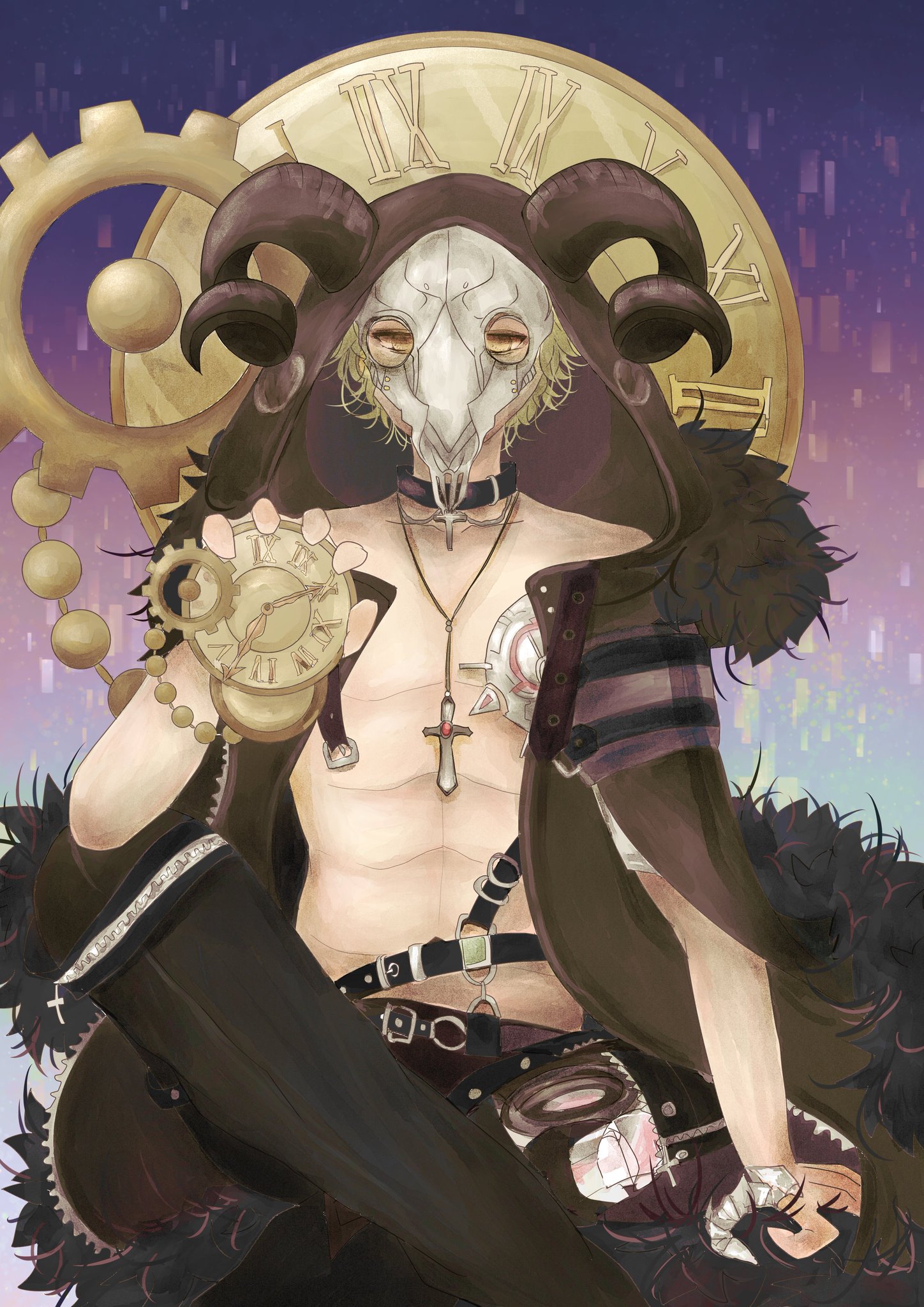 nikki (series), shining nikki, commentary request, highres, 1boy, abs, aqua background, bare pectorals, belt, belt buckle, belt collar, black belt, black coat, black horns, black pants, blonde hair, buckle, caprico (shining nikki), clock, coat, collar, cross, cross necklace, crossed ankles, curled horns, cyborg, fake horns, feet out of frame, gears, glitch, goat mask, gradient background, holding clock, hood, hood up, hooded coat, horns, horns through headwear, jewelry, looking at viewer, male focus, multiple belts, necklace, no mouth, open clothes, open coat, pants, pectorals, purple background, short hair, sitting, solo, tomo (t 2knote), toned, toned male, white mask, yellow eyes, zipper, zipper pull tab