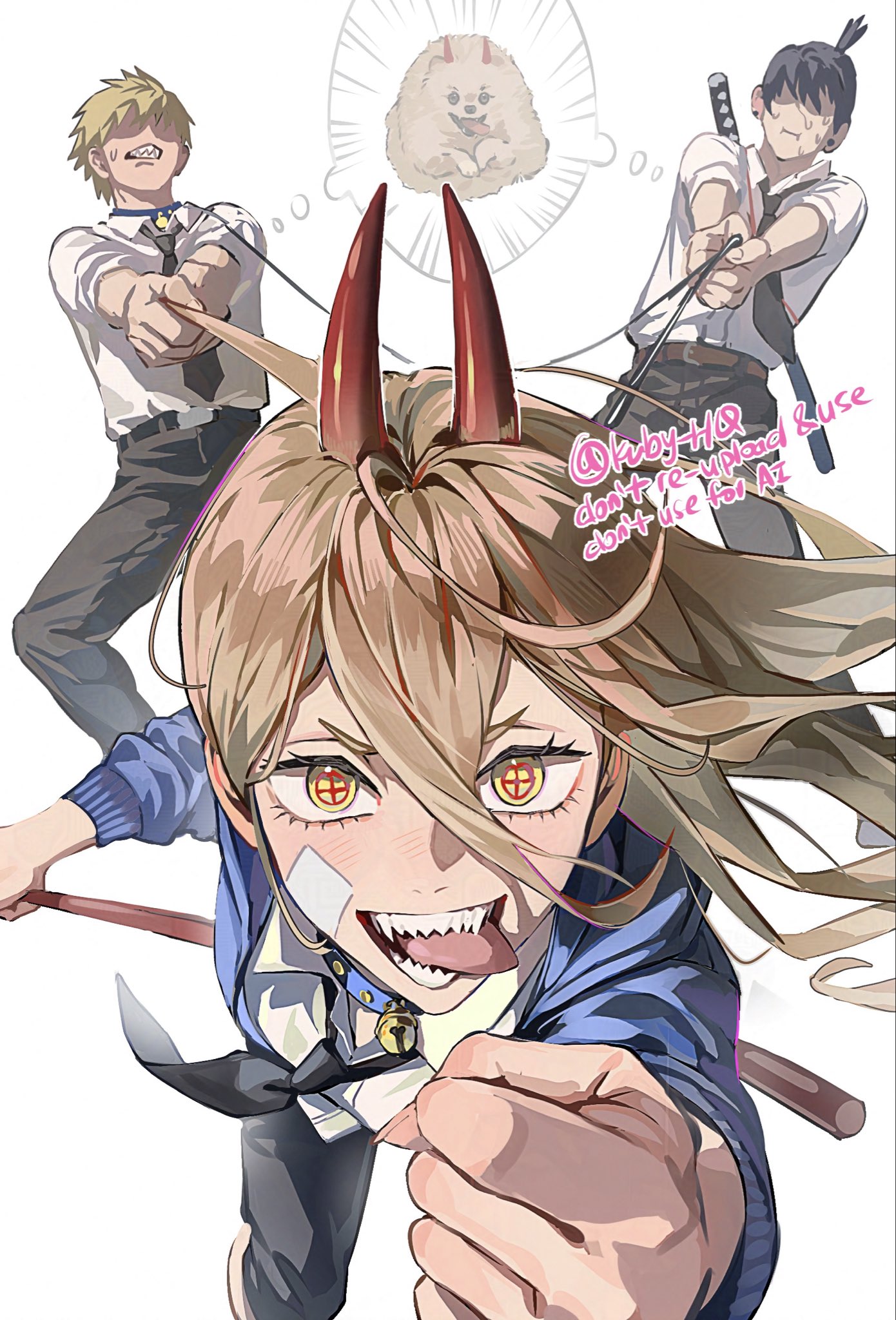 kuby hq, denji (chainsaw man), hayakawa aki, power (chainsaw man), chainsaw man, highres, 1girl, 2boys, black necktie, black pants, collared shirt, cross-shaped pupils, demon girl, demon horns, formal clothes, hair between eyes, horns, multiple boys, necktie, pants, red horns, ringed eyes, sharp teeth, shirt, suit, symbol-shaped pupils, teeth