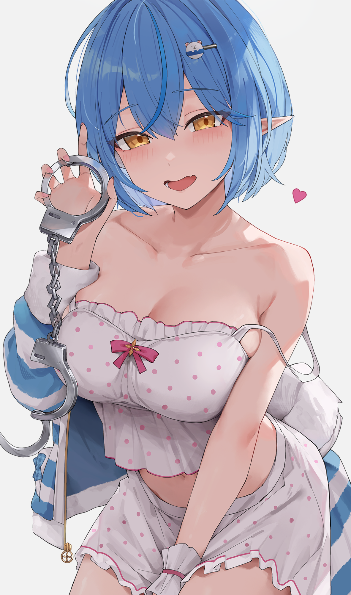 kaguya (srx61800), yukihana lamy, yukihana lamy (roomwear), hololive, commentary request, highres, 1girl, :d, blue hair, bob cut, breasts, camisole, collarbone, crossed bangs, cuffs, double-parted bangs, fang, frilled camisole, frilled skirt, frills, fur-trimmed jacket, fur trim, hair between eyes, hand up, handcuffs, heart, holding, holding handcuffs, jacket, jacket partially removed, large breasts, looking at viewer, official alternate costume, official alternate hair length, official alternate hairstyle, open mouth, partially unzipped, pointy ears, polka dot, polka dot camisole, polka dot skirt, short hair, simple background, skin fang, skirt, smile, solo, strap slip, striped clothes, striped jacket, virtual youtuber, white background, white camisole, white skirt, wrist cuffs, yellow eyes