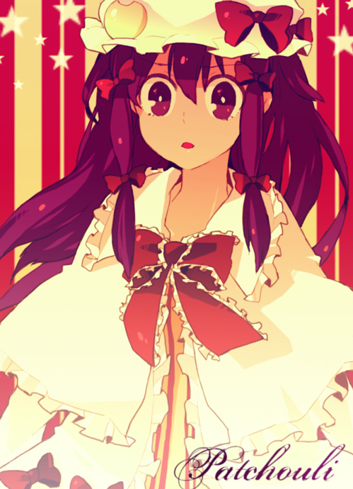 dada, dada (dolce), patchouli knowledge, touhou, bad id, bad pixiv id, 1girl, female focus, purple eyes, purple hair, ribbon, solo
