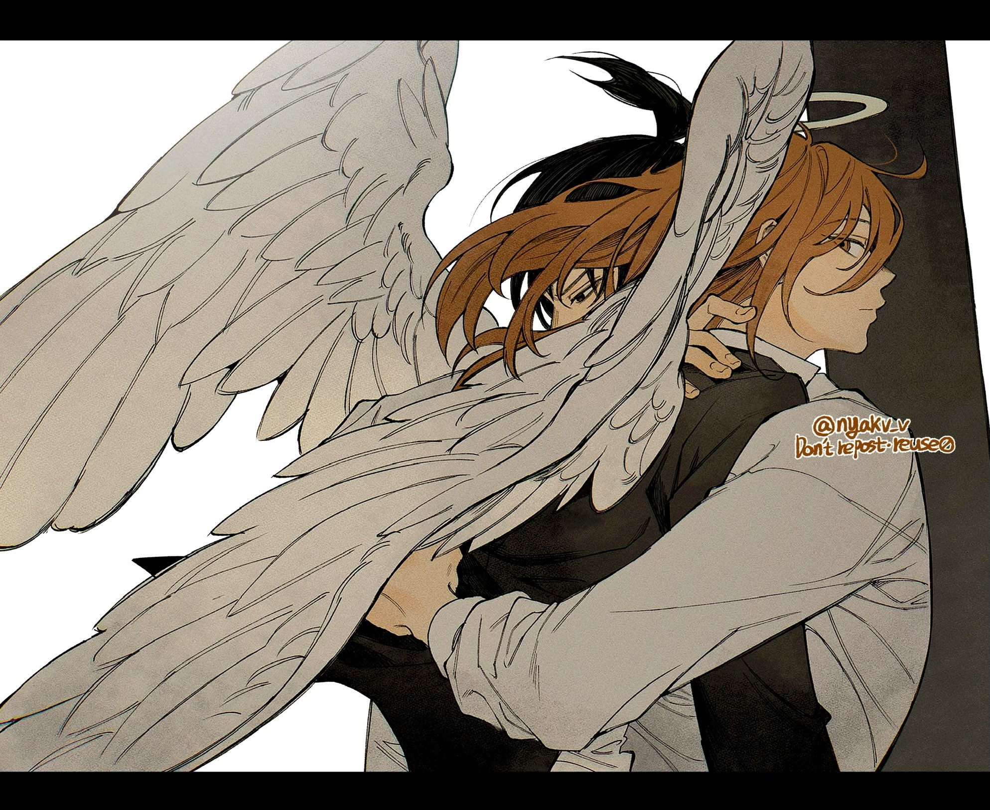 angel devil (chainsaw man), hayakawa aki, chainsaw man, highres, 2boys, angel, artist name, black jacket, black necktie, black suit, business suit, feathered wings, formal clothes, glowing, glowing halo, halo, hug, jacket, multiple boys, necktie, nyakv v, shirt tucked in, signature, suit, suit jacket, traditional halo, twitter username, wings