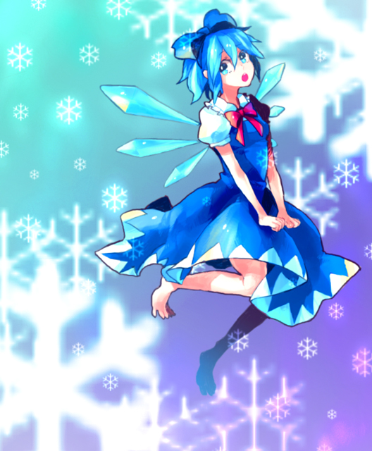dada, dada (dolce), cirno, embodiment of scarlet devil, touhou, bad id, bad pixiv id, 1girl, barefoot, blue eyes, blue hair, bow, fairy, female focus, hair bow, matching hair/eyes, ribbon, short hair, snowflakes, solo, wings