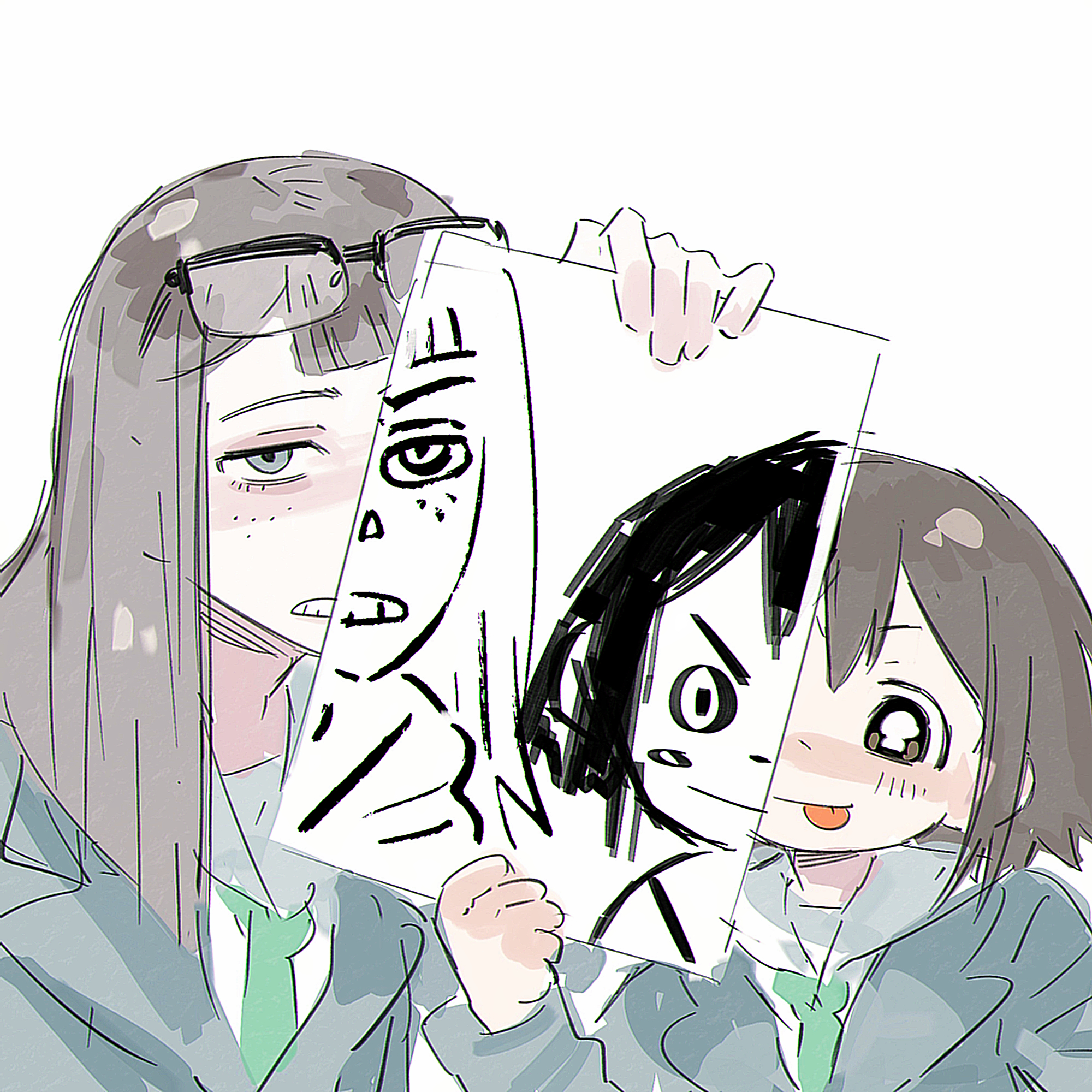 goblet 42, asakusa midori, kanamori sayaka, eizouken ni wa te wo dasu na!, commentary, highres, 2girls, asymmetrical bangs, black hair, blue jacket, brown hair, drawing (object), freckles, glasses, holding, holding drawing, jacket, long hair, multiple girls, school uniform, shibahama high school uniform, short hair, sketch, tongue, tongue out, white background