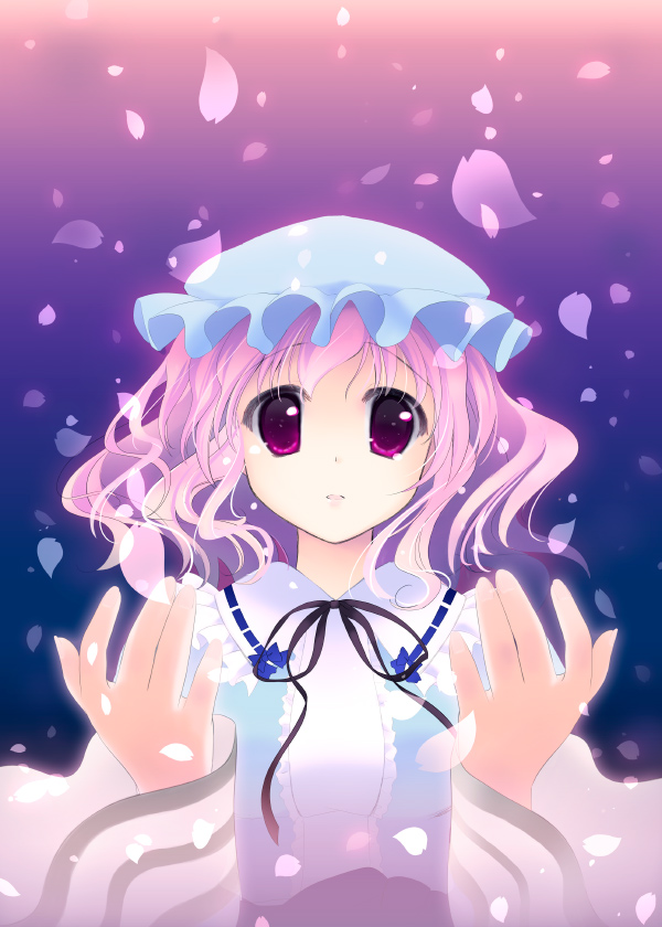 natsukawa sarasa, sarasa natsukawa, saigyouji yuyuko, touhou, bad id, bad pixiv id, 1girl, cherry blossoms, female focus, gradient background, hat, japanese clothes, kimono, pink eyes, pink hair, ribbon, short hair, solo, upper body