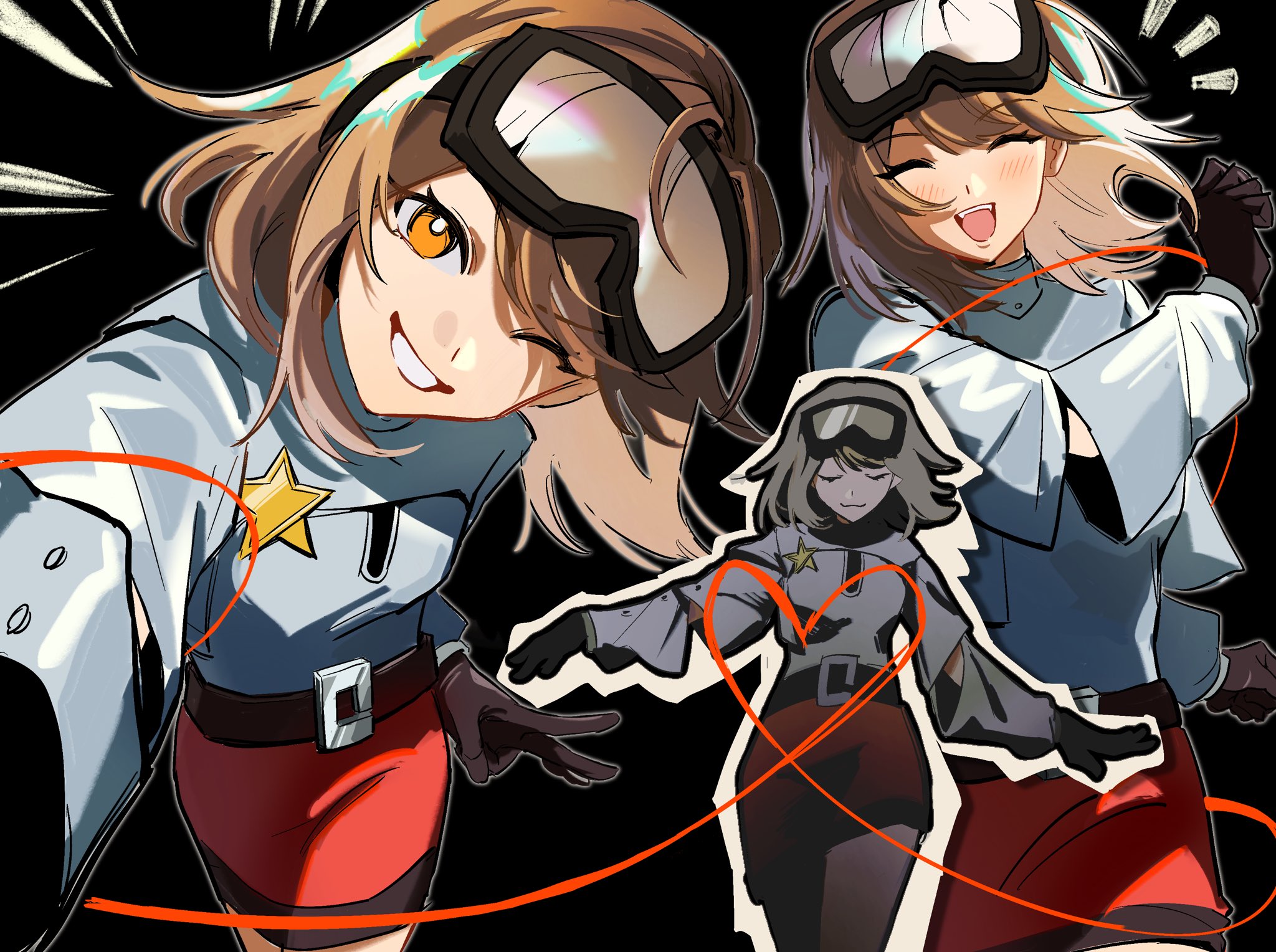 regulus (reverse:1999), reverse:1999, highres, 1girl, ^ ^, black background, black gloves, brown hair, closed eyes, cowboy shot, gloves, goggles, goggles on head, grey jacket, grin, jacket, kongbai jibi, looking at viewer, miniskirt, multiple views, notice lines, official alternate costume, one eye closed, open mouth, orange eyes, pencil skirt, red skirt, short hair, skirt, smile, teeth