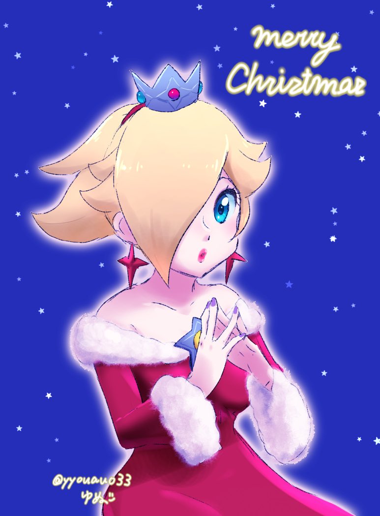 yyouauo33, rosalina, mario (series), nintendo, 1girl, bare shoulders, blonde hair, blue background, blue eyes, brooch, crown, dress, earrings, hair over one eye, jewelry, long sleeves, looking at viewer, merry christmas, off-shoulder dress, off shoulder, ponytail, purple nails, red dress, red lips, solo, star (symbol), star brooch, star earrings, steepled fingers, twitter username, upper body