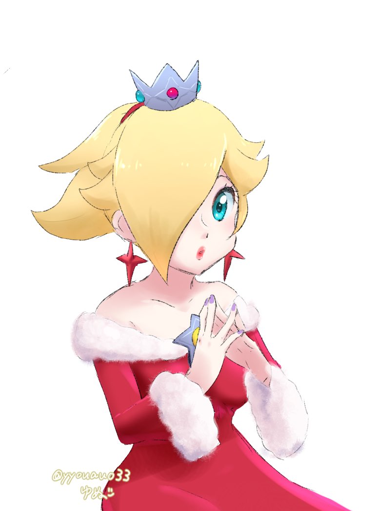 yyouauo33, rosalina, mario (series), nintendo, 1girl, bare shoulders, blonde hair, blue eyes, brooch, crown, dress, earrings, hair over one eye, jewelry, long sleeves, looking at viewer, off-shoulder dress, off shoulder, ponytail, purple nails, red dress, red lips, solo, star (symbol), star brooch, star earrings, steepled fingers, twitter username, upper body, white background