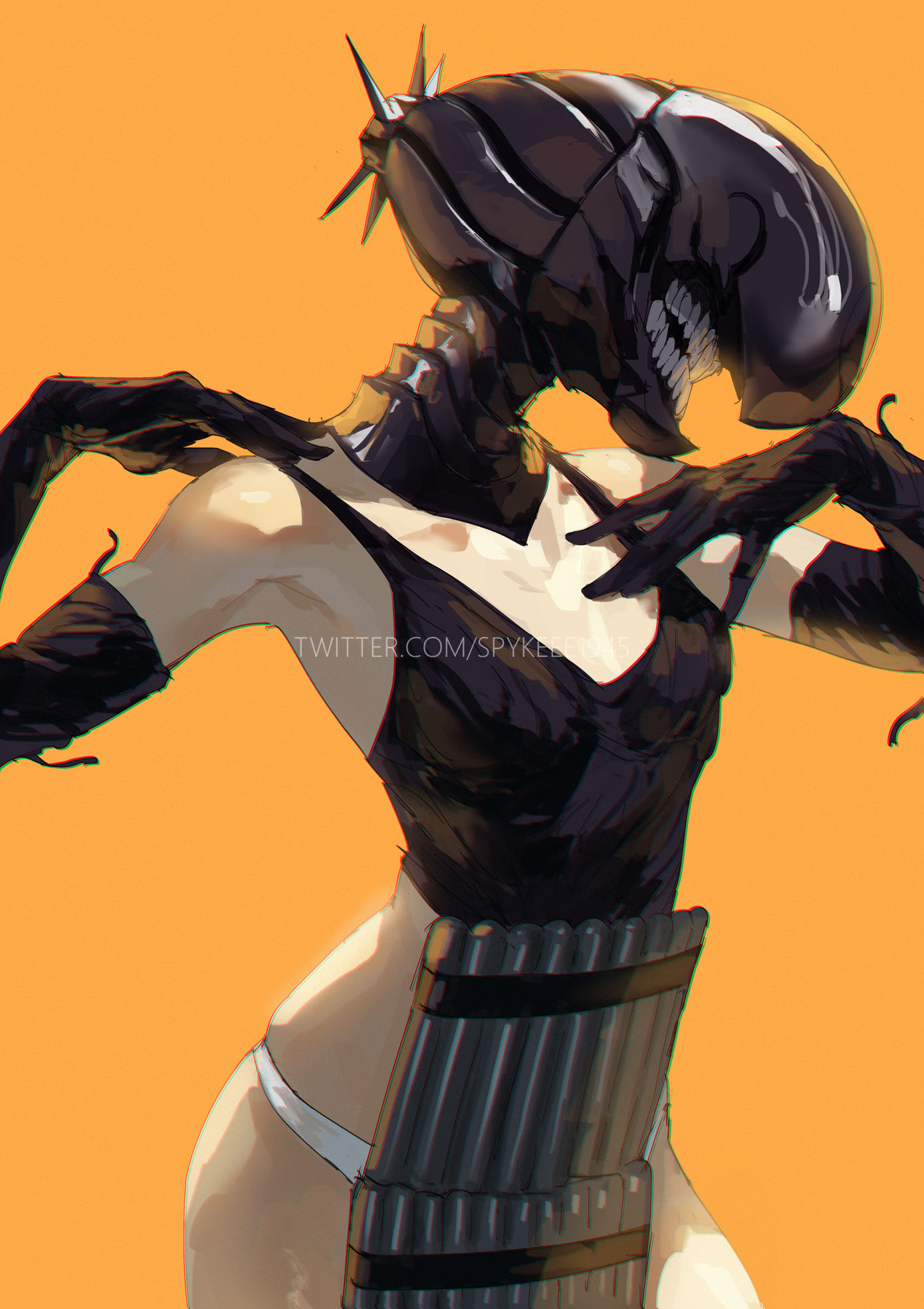 spykeee, bomb devil (chainsaw man), chainsaw man, highres, 1girl, apron, black gloves, breasts, dynamite, elbow gloves, explosive, gloves, grey apron, object head, orange background, panties, simple background, small breasts, solo, teeth, underwear, white panties