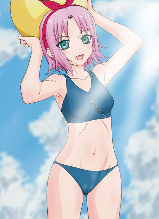 okiyumi kase, haruno sakura, naruto (classic), naruto (series), 1girl, aqua eyes, ball, beachball, bikini, blue bikini, day, female focus, hairband, pink hair, short hair, solo, sports bikini, swimsuit