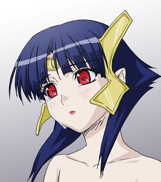 okiyumi kase, ester ein astrada, kenran butou sai, 00s, 1girl, blue hair, blunt bangs, bob cut, circlet, female focus, red eyes, short hair, sidelocks, solo, tears