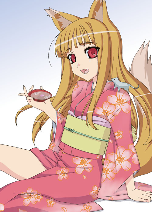 okiyumi kase, holo, spice and wolf, 00s, alcohol, animal ears, brown hair, cup, fang, japanese clothes, kimono, mouse (animal), red eyes, sakazuki, sake, solo, tail, wolf ears, wolf tail