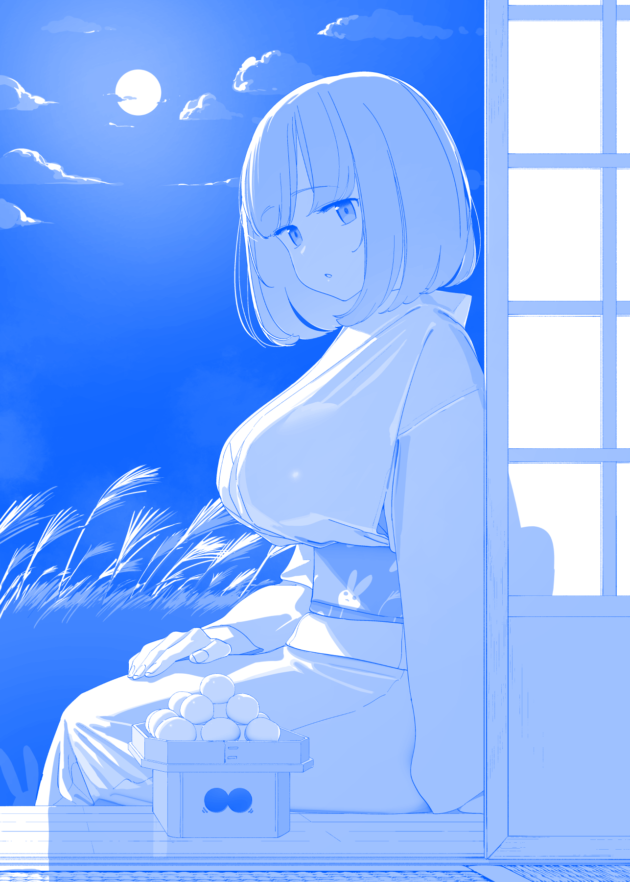 himura kiseki, getsuyoubi no tawawa, commentary, highres, 1girl, animal print, blue theme, breasts, cloud, cloudy sky, dumpling, food, full moon, japanese clothes, kimono, large breasts, looking at viewer, moon, night, night sky, obi, rabbit print, sash, short hair, shouji, sitting, sky, sliding doors, solo, wooden floor