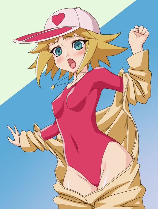 okiyumi kase, ai-chan, kaminari ai, tatsunoko production, time bokan (series), yatterman, 1girl, blonde hair, blush, covered erect nipples, female focus, flat chest, green eyes, hat, jewelry, leotard, lipstick, looking at viewer, makeup, necklace, open mouth, red leotard, short hair, simple background, solo, standing, undressing