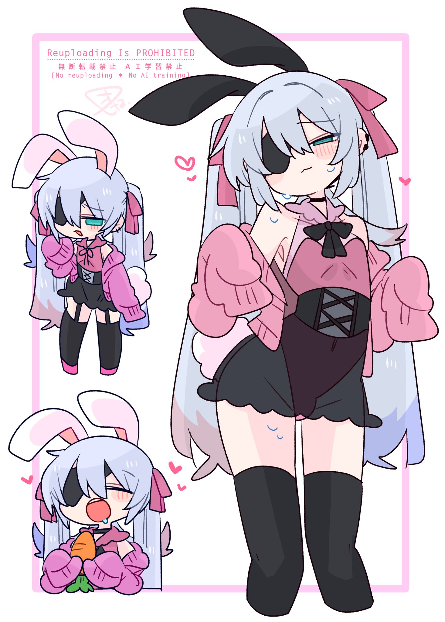 op na yarou, original, commentary, highres, 1boy, :3, :o, animal ear hairband, animal ears, bare shoulders, black bow, black bowtie, black choker, black corset, black hairband, black ribbon, black skirt, black thighhighs, blue eyes, blush, bow, bowtie, bulge, cardigan, carrot, choker, closed eyes, colored tips, corset, covered navel, crossdressing, crossdressing (mtf), drooling, earclip, extra ears, eyepatch, fake animal ears, feet out of frame, flipped hair, full body, hair between eyes, hair bow, hair intakes, hairband, hand up, hands up, heart, highleg, highleg leotard, holding, holding carrot, leotard, long hair, long sleeves, looking at viewer, male focus, multicolored hair, multiple views, narrowed eyes, neck ribbon, no nose, off shoulder, one eye covered, open cardigan, open clothes, open mouth, parted lips, pink bow, pink cardigan, pink leotard, pink shoes, quad tails, rabbit boy, rabbit ear hairband, rabbit ears, rabbit tail, raised inner eyebrows, red hair, ribbon, rigel (op na yarou), see-through clothes, see-through skirt, shoes, sidelocks, simple background, skirt, sleeves past fingers, sleeves past wrists, straight hair, strapless, strapless leotard, sweat, tail, teeth, thighhighs, thighs, trap, upper body, very long hair, watermark, white background, white hair