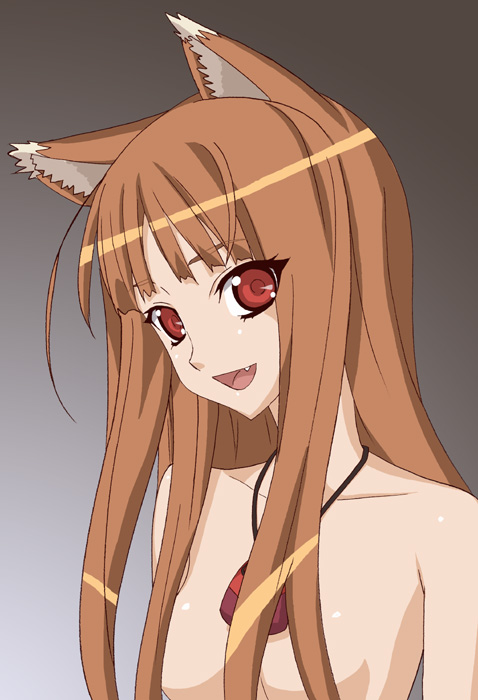okiyumi kase, holo, spice and wolf, 00s, 1girl, animal ears, brown hair, censored, convenient censoring, fang, female focus, hair censor, hair over breasts, jewelry, long hair, necklace, nude, red eyes, solo, wolf ears