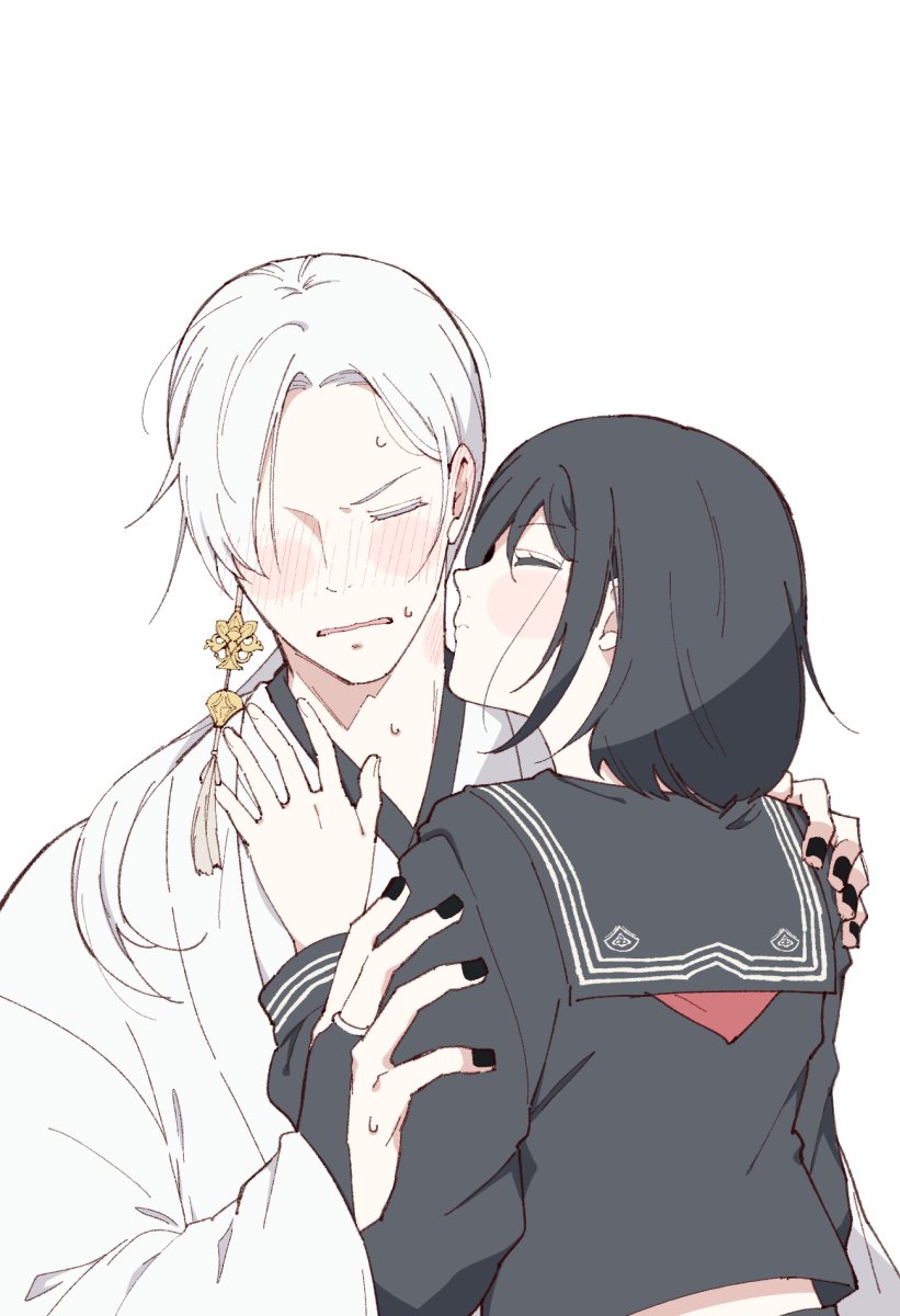 t akiko, fox mask (silent hill), shimizu hinako, silent hill (series), silent hill f, highres, 1girl, black serafuku, blush, earrings, embarrassed, imminent kiss, japanese clothes, jewelry, neckerchief, school uniform, serafuku, tassel, tassel earrings, white hair
