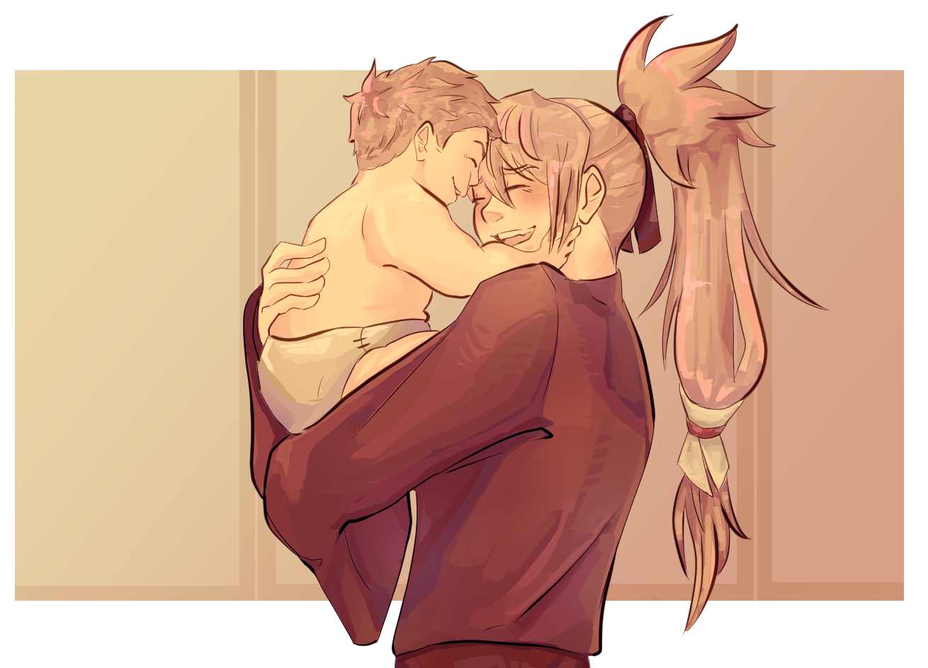 kiragi (fire emblem), takumi (fire emblem), fire emblem, fire emblem fates, nintendo, 2boys, aged down, baby, father and son, grey hair, hair ribbon, hybrix-hijinx, japanese clothes, long hair, male focus, multiple boys, ponytail, red ribbon, ribbon