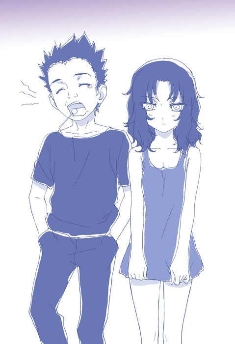 izana minagi, sarutobi asuma, yuuhi kurenai, naruto (classic), naruto (series), 1boy, 1girl, aged down, blue theme, closed eyes, gradient background, looking at viewer, monochrome, yawning