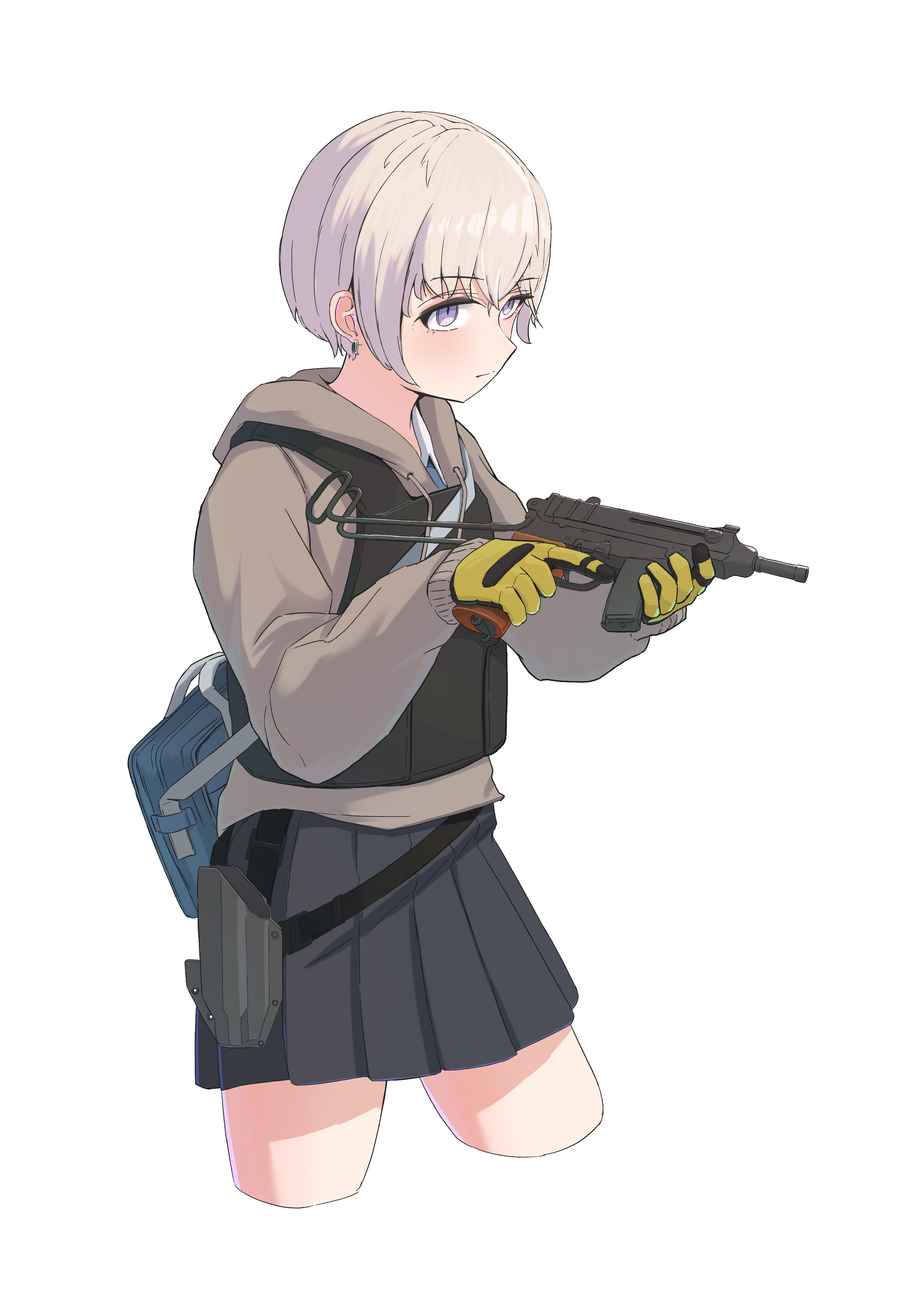 okapi (yomaigoto), original, absurdres, commentary, english commentary, highres, 1girl, bag, blue bag, blue eyes, brown hoodie, bulletproof vest, closed mouth, cropped legs, drawstring, earrings, expressionless, gloves, grey hair, grey skirt, gun, holding, holding gun, holding weapon, holster, hood, hood down, hoodie, jewelry, magazine (weapon), pleated skirt, school bag, shirt, short hair, simple background, skirt, skorpion vz. 61, solo, submachine gun, thighs, trigger discipline, weapon, white background, white shirt