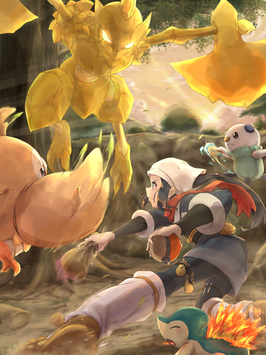 itsudzumi, akari (pokemon), cyndaquil, kleavor, oshawott, rowlet, nintendo, pokemon, pokemon legends: arceus, commentary request, highres, 1girl, black hair, black sash, blue kimono, closed eyes, closed mouth, fire, galaxy expedition team survey corps uniform, gen 2 pokemon, gen 5 pokemon, gen 7 pokemon, glowing, glowing eyes, headscarf, hisuian poke ball, holding, holding poke ball, holding sack, holding seashell, japanese clothes, kimono, long hair, motion blur, no pupils, obi, outdoors, poke ball, pokemon (creature), red scarf, sack, sash, scarf, starter pokemon trio, tree, v-shaped eyebrows, v-shaped eyes, water, white headscarf