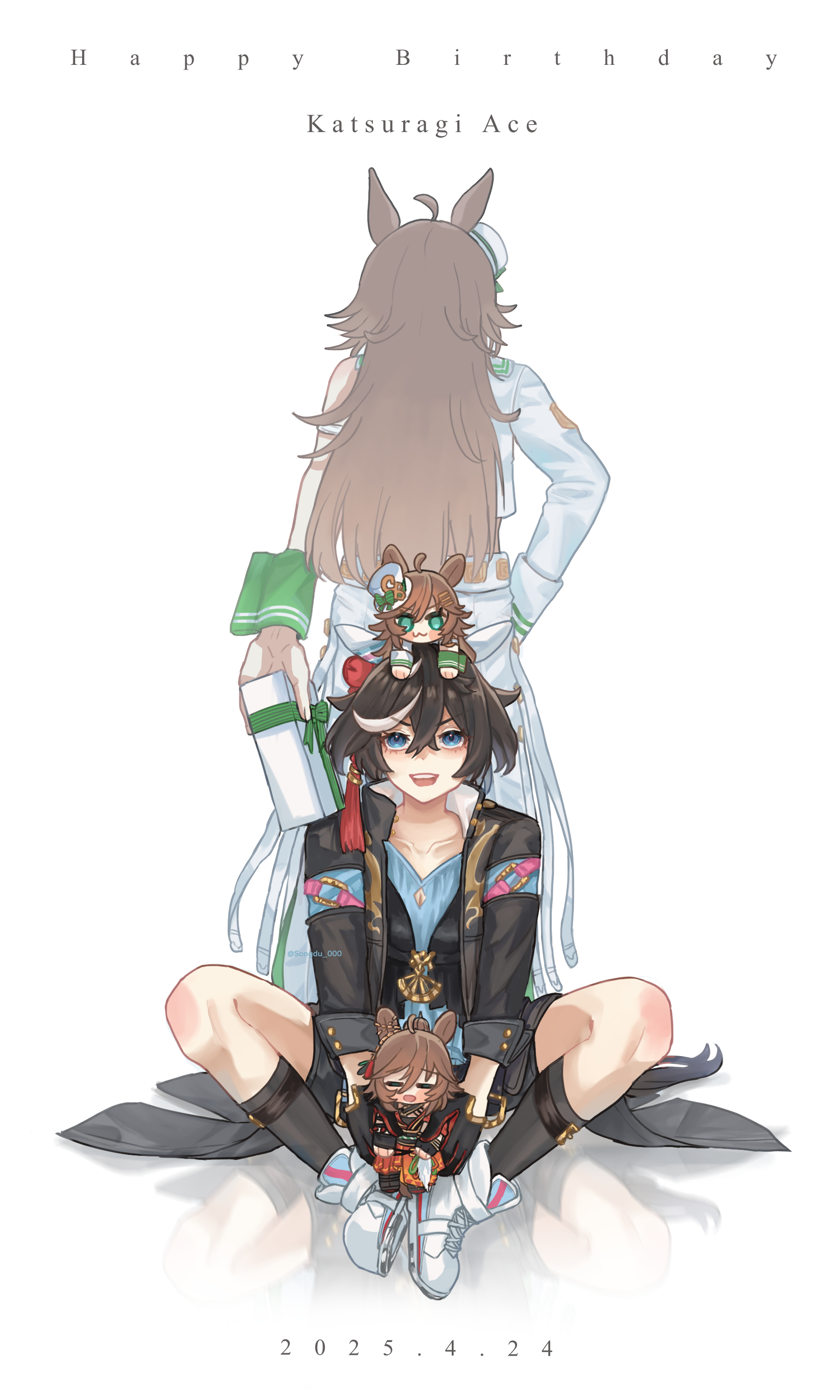 songdu, katsuragi ace (pen name: ink dragon) (umamusume), katsuragi ace (umamusume), mr. c.b. (umamusume), umamusume, absurdres, commentary request, highres, 2girls, ahoge, animal ears, armband, black hair, black shoes, black shorts, black socks, black vest, blue eyes, brown hair, character name, choker, closed mouth, dated, ear covers, full body, gloves, hair ornament, hairclip, hand on own hip, happy birthday, hat, high heels, high tops, horse ears, horse girl, horse tail, jacket, kneehighs, long sleeves, looking at viewer, mini hat, mini top hat, multiple girls, on ground, pants, ponytail, reflection, shirt, shoes, short hair, shorts, single sleeve, single wrist cuff, smile, sneakers, socks, strapless, strapless shirt, tail, teeth, top hat, twitter username, vest, white pants, white shoes, wrist cuffs