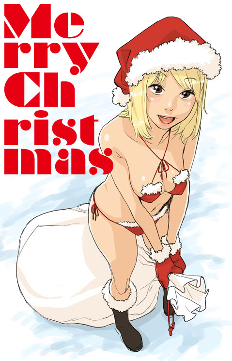 mama (mama hiro), bad id, bad pixiv id, 1girl, bikini, blonde hair, boots, christmas, female focus, gloves, hat, panties, red bikini, red gloves, santa bikini, santa costume, santa hat, side-tie bikini bottom, side-tie panties, solo, swimsuit, underwear