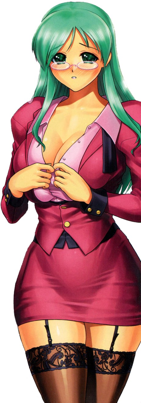 iruma kamiri, highres, 1girl, blush, breasts, business suit, cleavage, female focus, formal clothes, garter belt, glasses, green eyes, green hair, hip focus, huge breasts, jacket, large breasts, long hair, matching hair/eyes, miniskirt, pencil skirt, skirt, skirt suit, solo, suit, teacher, thick thighs, thighhighs, thighs, wide hips