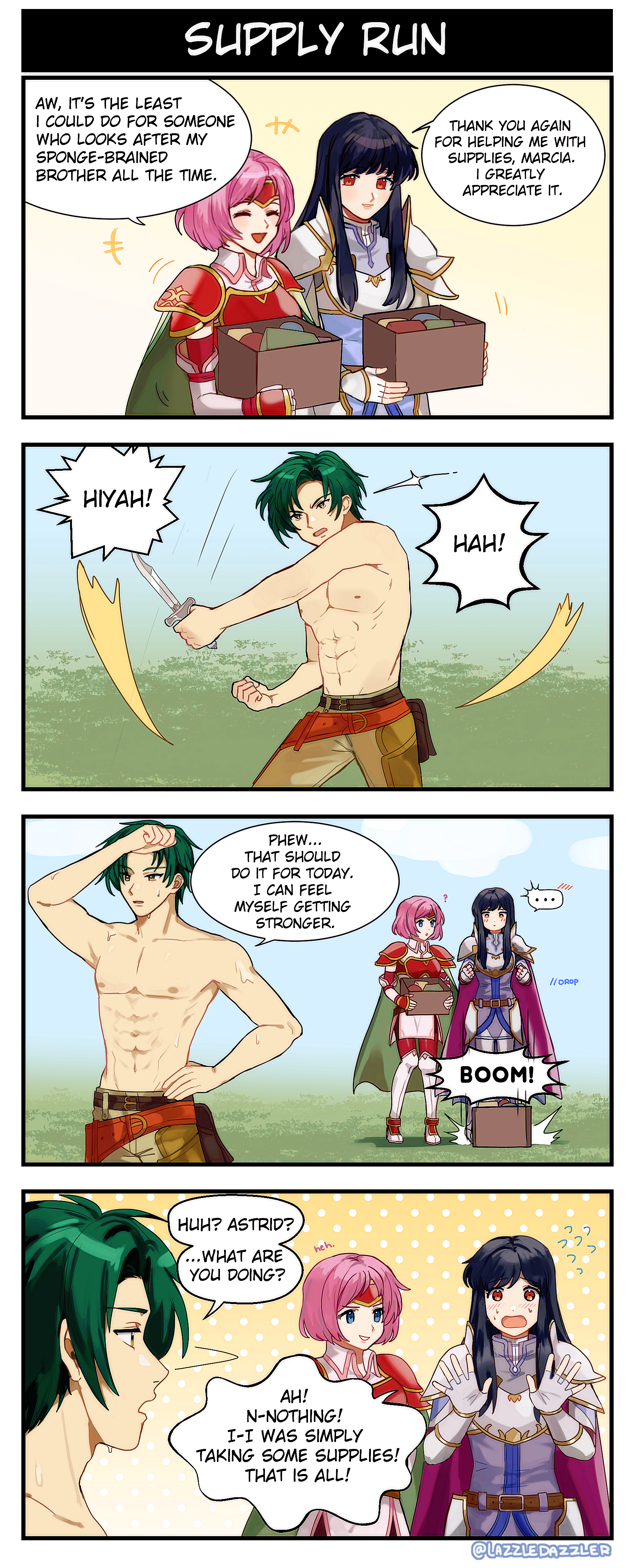 pomme (lazzledazzle), astrid (fire emblem), marcia (fire emblem), sothe (fire emblem), fire emblem, fire emblem: radiant dawn, nintendo, absurdres, highres, 1boy, 2girls, 4koma, armor, black hair, blush, box, breastplate, cape, closed eyes, comic, dropping, flustered, green hair, holding, holding box, long hair, multiple girls, open mouth, pink hair, purple cape, short hair, topless male