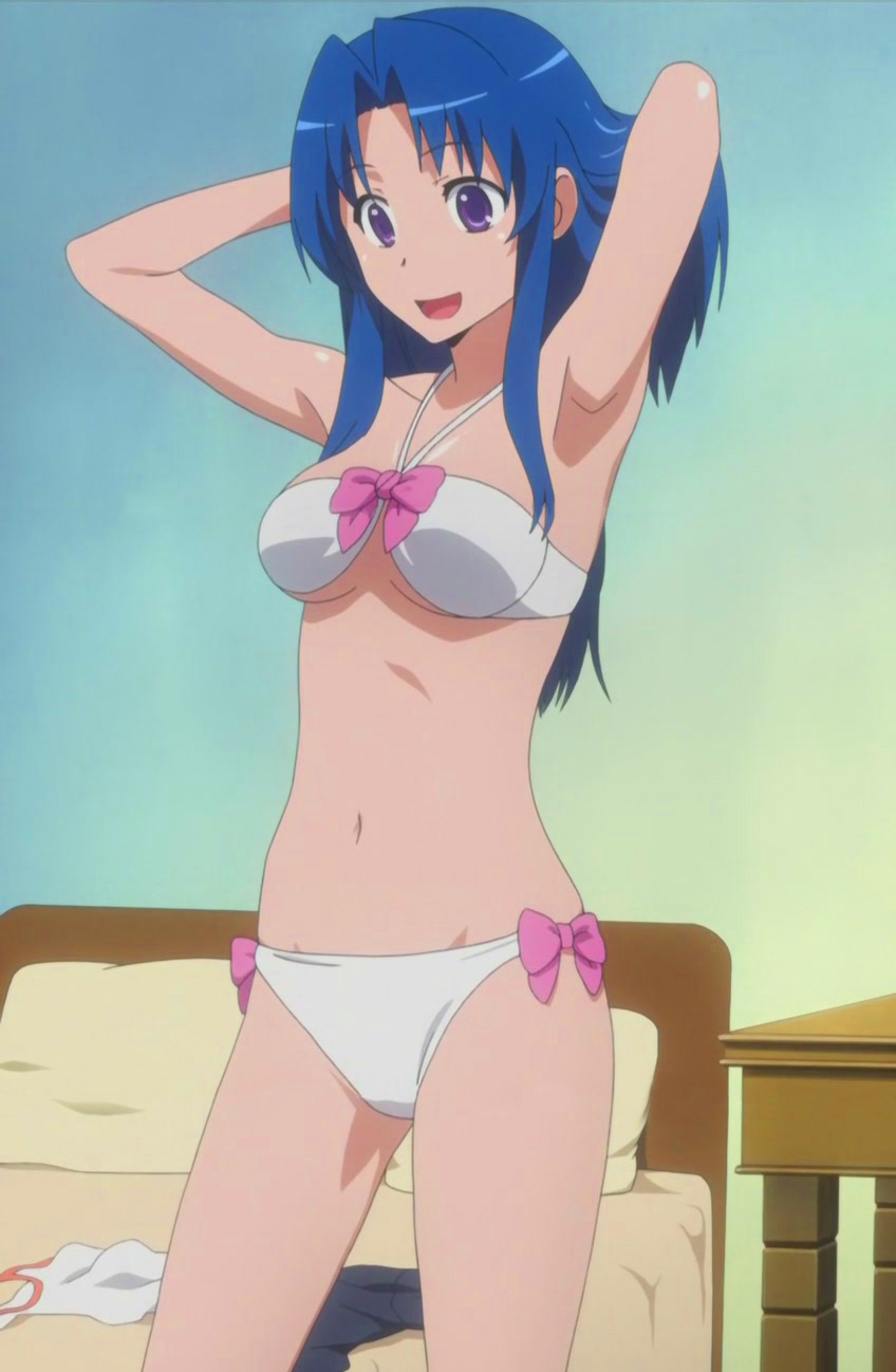 kawashima ami, toradora!, anime screenshot, highres, stitched, third-party edit, 00s, 1girl, adjusting hair, armpits, bedroom, bikini, blue hair, bow, breasts, female focus, happy, long hair, navel, purple eyes, solo, swimsuit, underboob, white bikini