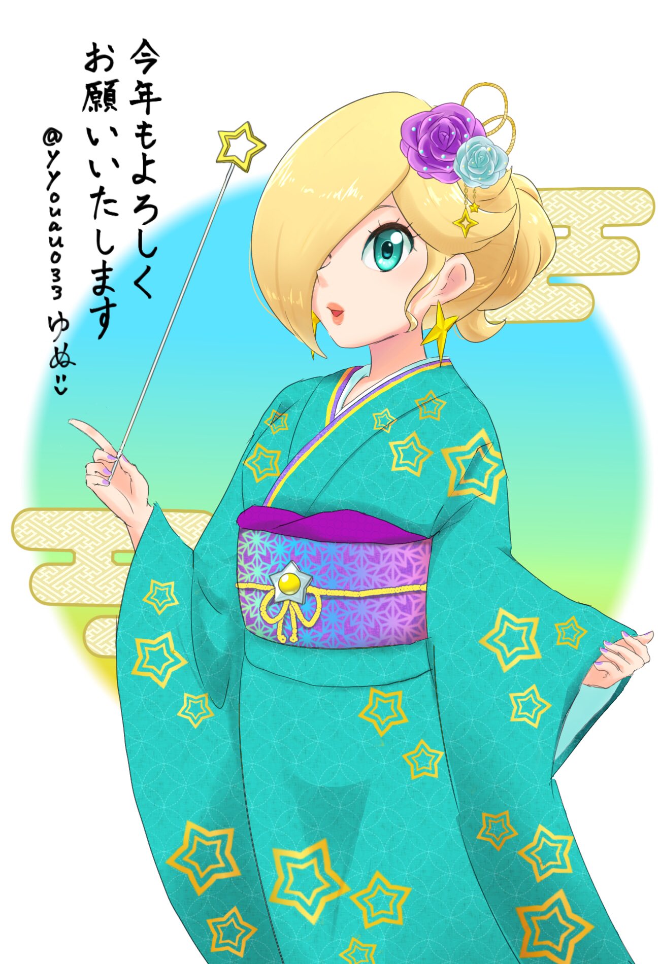 yyouauo33, rosalina, mario (series), nintendo, commentary request, highres, translation request, 1girl, :d, alternate costume, alternate hairstyle, blonde hair, blue eyes, earrings, flower, hair flower, hair ornament, hair over one eye, holding, holding wand, japanese clothes, jewelry, kimono, long sleeves, looking at viewer, obi, open mouth, purple nails, sash, smile, solo, star (symbol), star earrings, star print, wand, wide sleeves