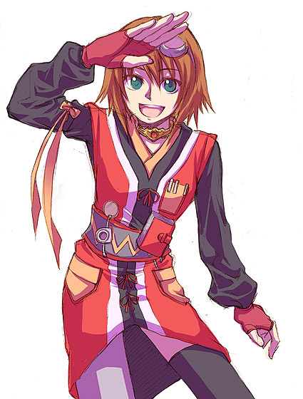 rita mordio, tales of (series), tales of vesperia, 00s, 1girl, bob cut, brown hair, female focus, fingerless gloves, gloves, goggles, goggles on head, green eyes, looking at viewer, pantyhose, red gloves, ribbon, short hair, simple background, single leg pantyhose, smile, solo, thighhighs, white background