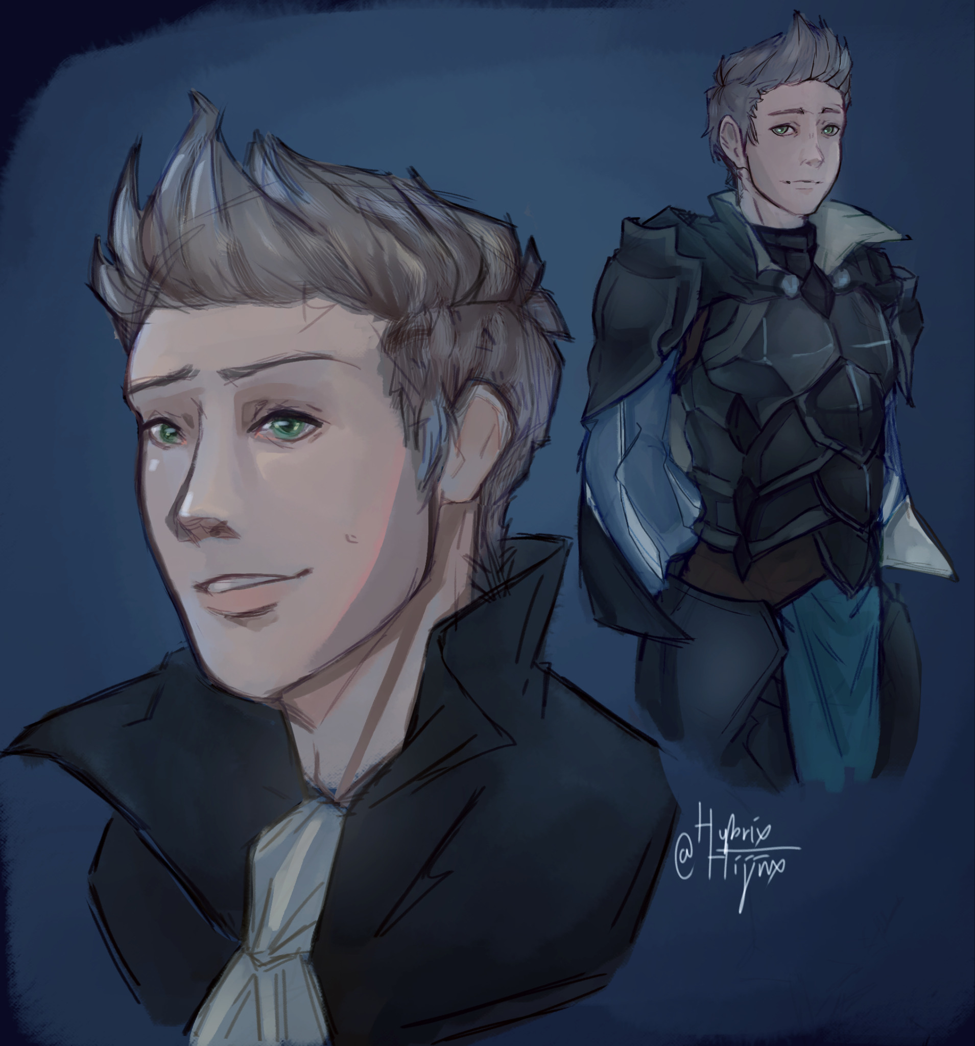 silas (fire emblem), fire emblem, fire emblem fates, nintendo, highres, 1boy, armor, black armor, green eyes, grey hair, hybrix-hijinx, male focus, multiple views, popped collar, quiff, yato (fire emblem)