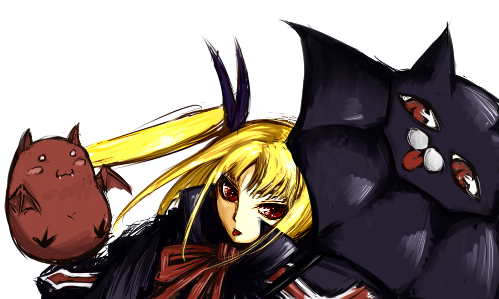 rotya, gii, nago, rachel alucard, arc system works, blazblue, 1girl, blonde hair, bow, female focus, gothic lolita, lolita fashion, red bow, red eyes, solo, twintails, umbrella
